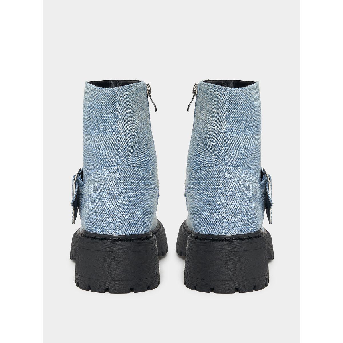 Raid X Styli  Denim Look Buckle Detail Biker Ankle Boots-women-shoes-boots-image-5