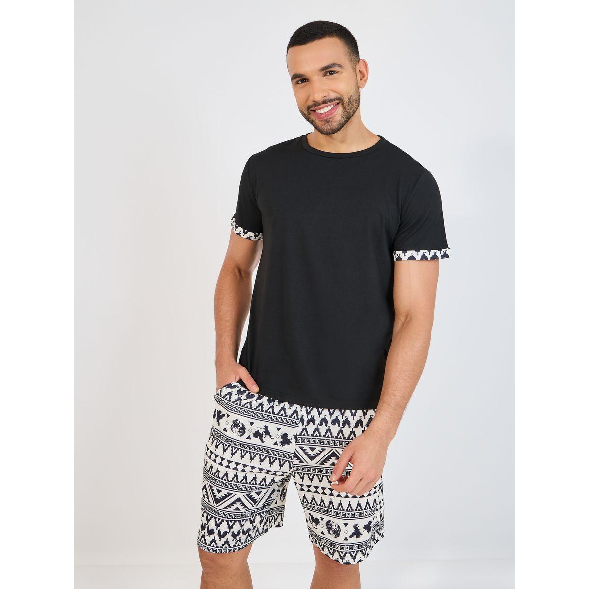 Styli Unwind Contrast Sleeve Hem T-Shirt & Printed Shorts Set-men-clothing-nightwear-sets-image-2