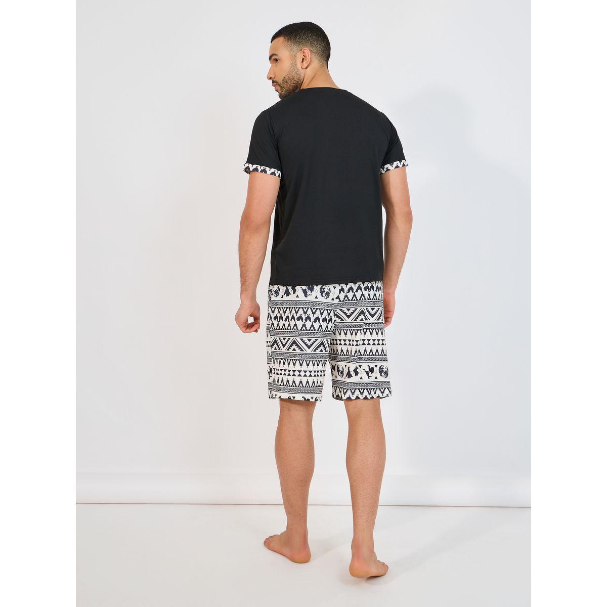 Styli Unwind Contrast Sleeve Hem T-Shirt & Printed Shorts Set-men-clothing-nightwear-sets-image-5