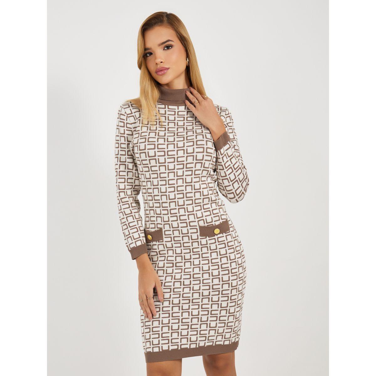 Styli All Over Print 3/4th Sleeves Sweater Knee Length Dress-women-clothing-dresses-image-2