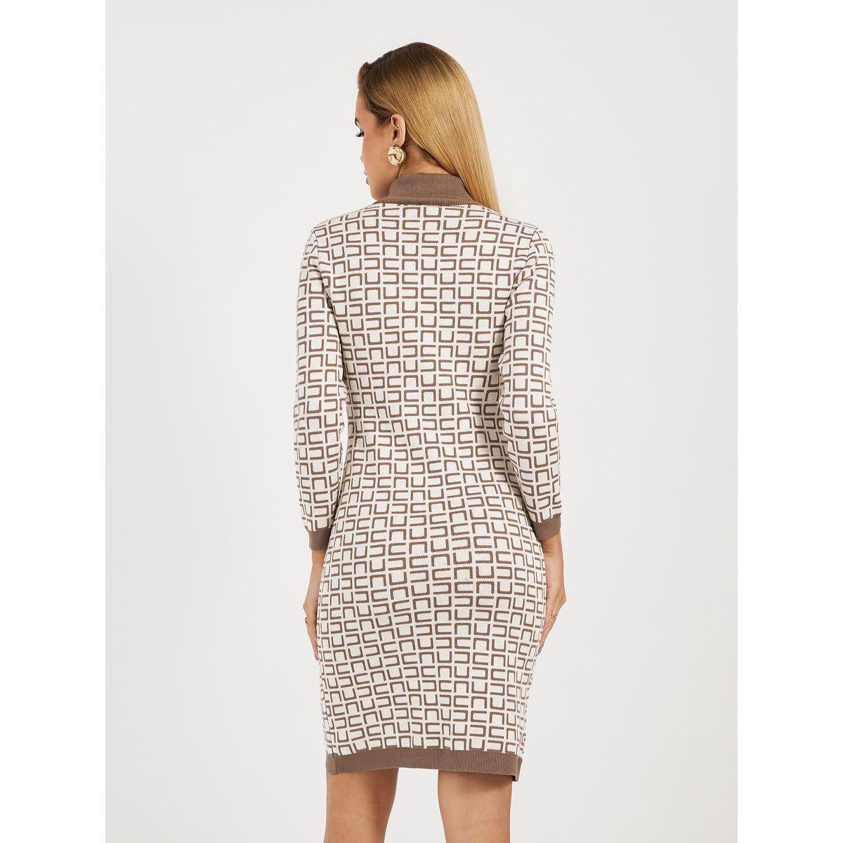 Styli All Over Print 3/4th Sleeves Sweater Knee Length Dress-women-clothing-dresses-image-4