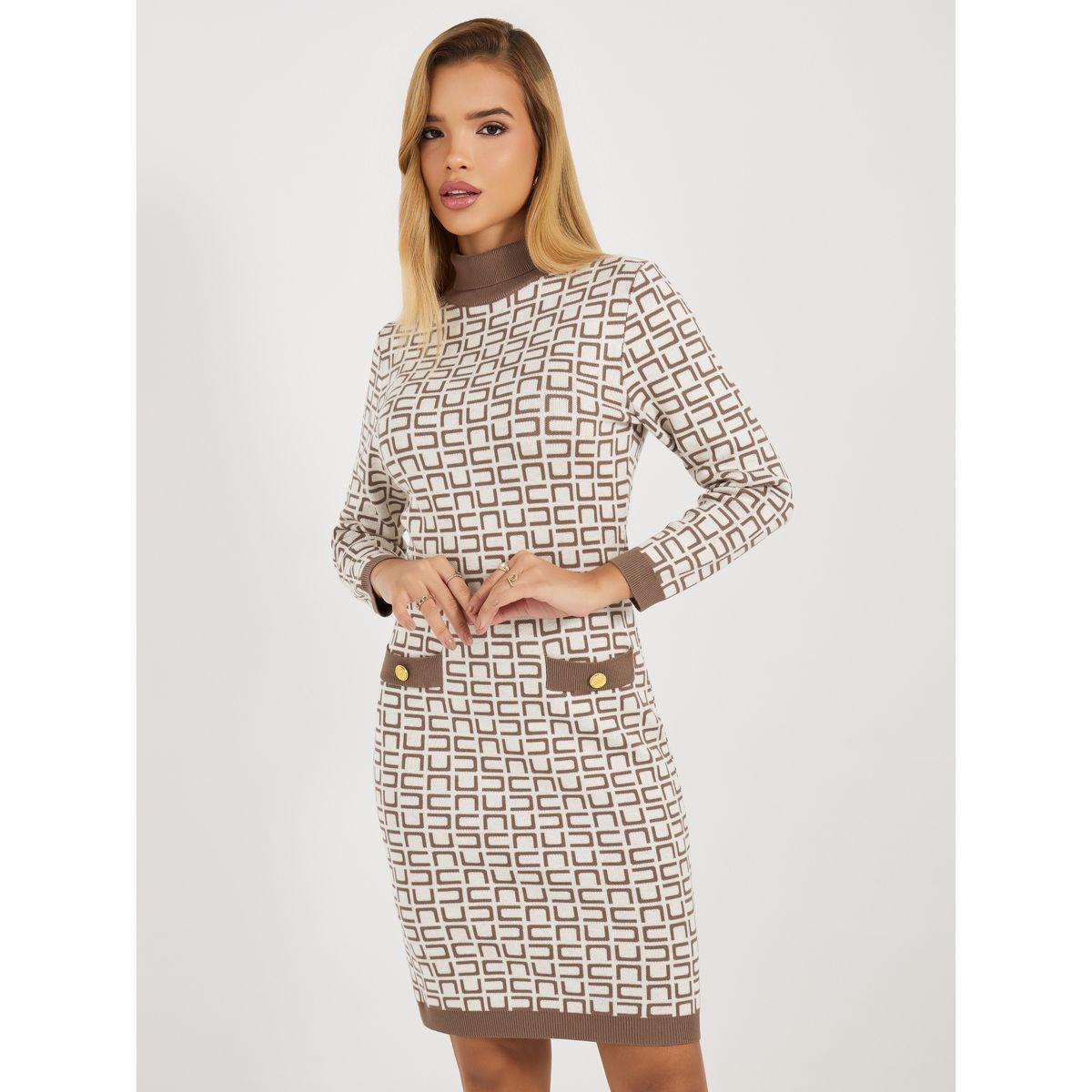 Styli All Over Print 3/4th Sleeves Sweater Knee Length Dress-women-clothing-dresses-image-6