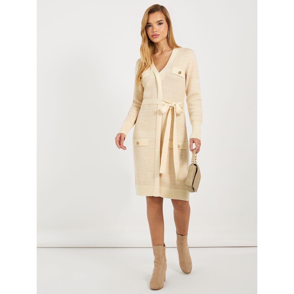 Styli Textured Sweater Knee Length Dress with Tie Belt-women-clothing-dresses-image-1