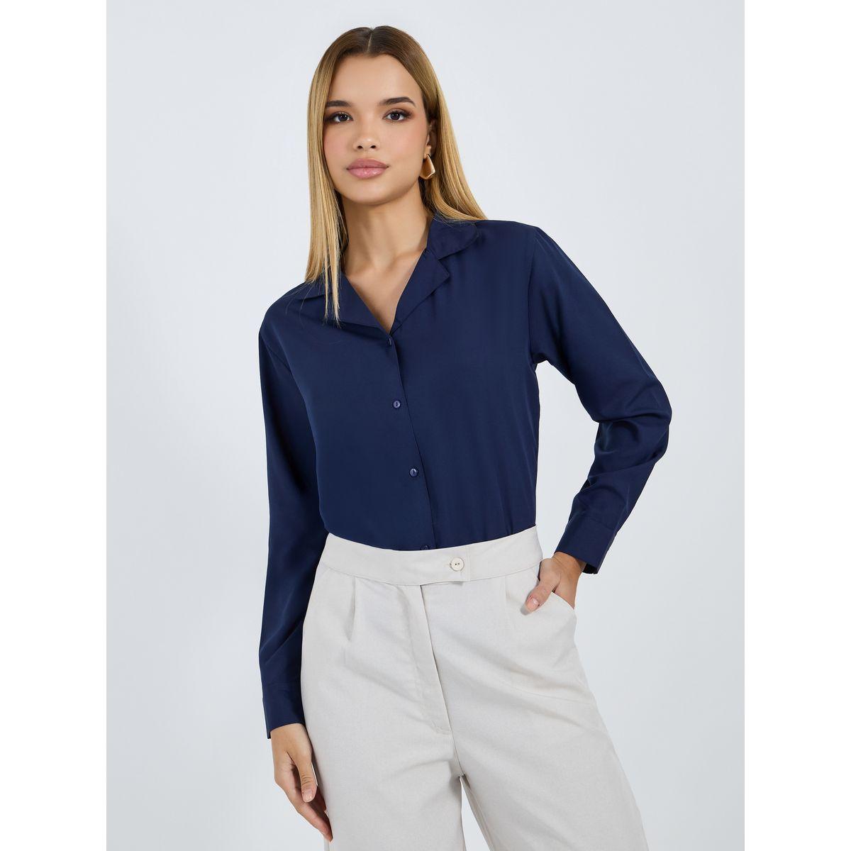 Styli Solid Notch Collar Regular Fit Shirt-women-clothing-shirtsandblouses-shirts-image-1