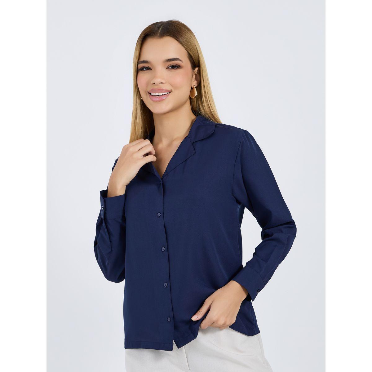 Styli Solid Notch Collar Regular Fit Shirt-women-clothing-shirtsandblouses-shirts-image-3