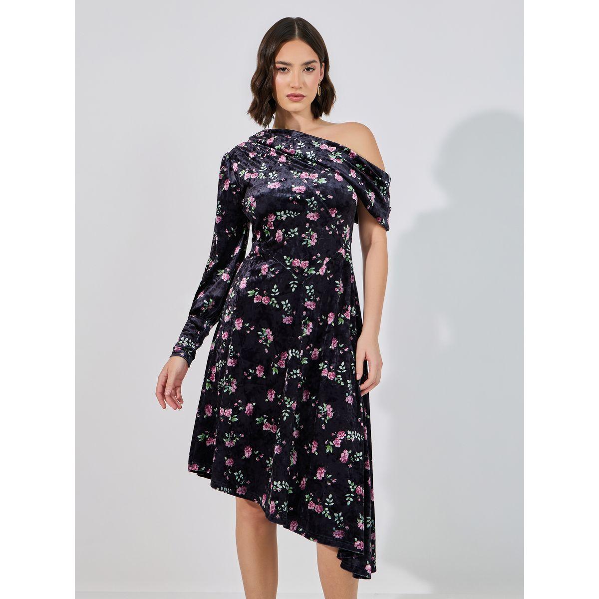 Styli Velvet Look Floral Print Midi Dress with Asymmetric Hem-women-clothing-dresses-image-5