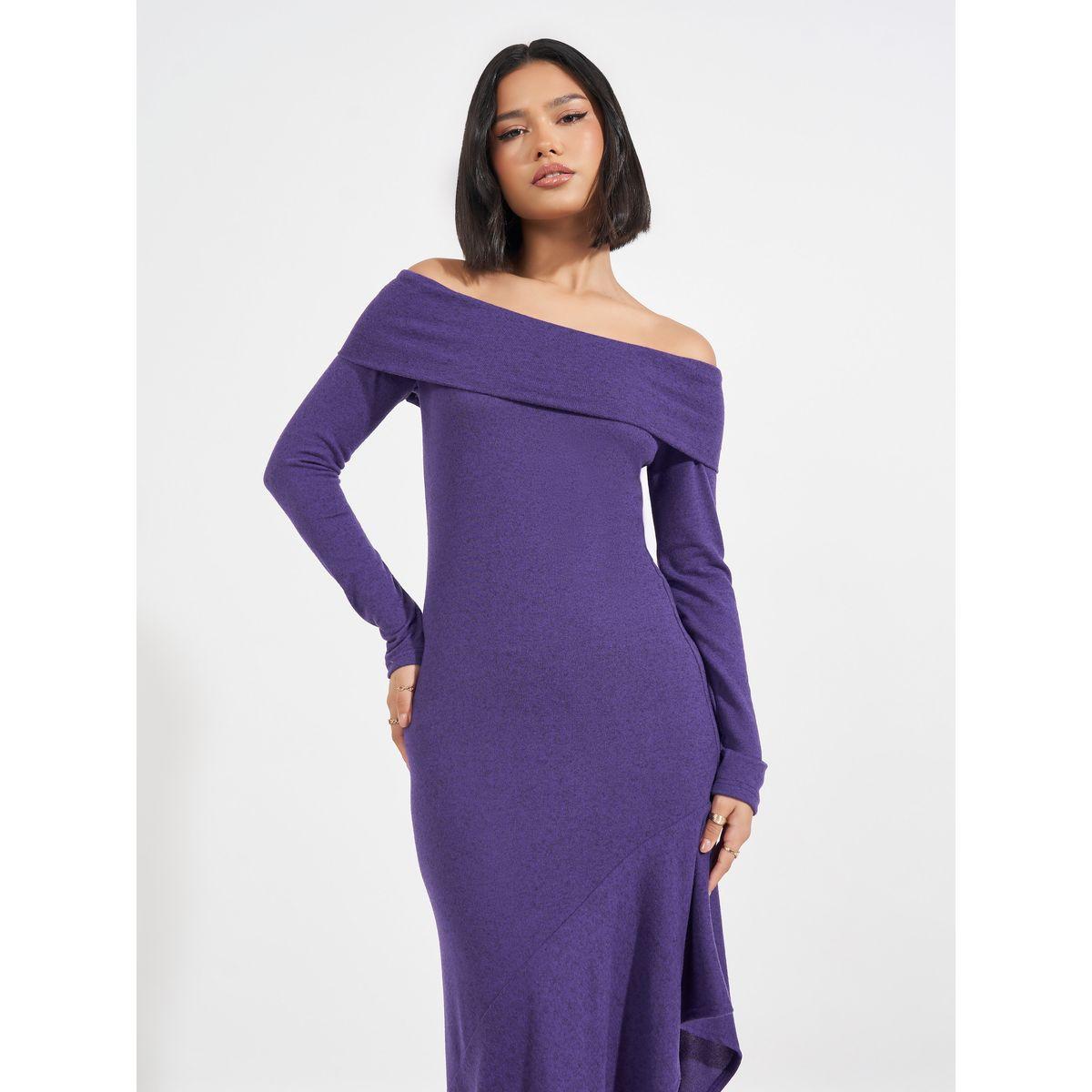 Styli Frill Asymmetric Hem Off Shoulder Sweater Maxi Dress-women-clothing-dresses-image-2
