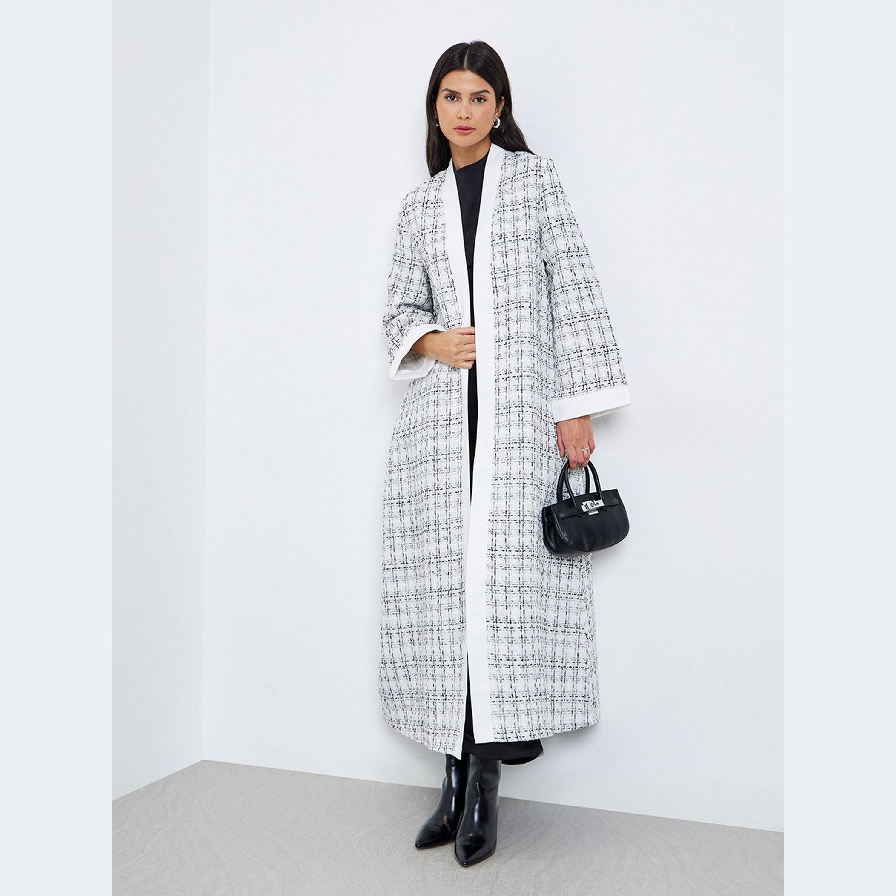 Styli White Tweed Open Front Abaya-women-arabicclothing-abayas-image-1