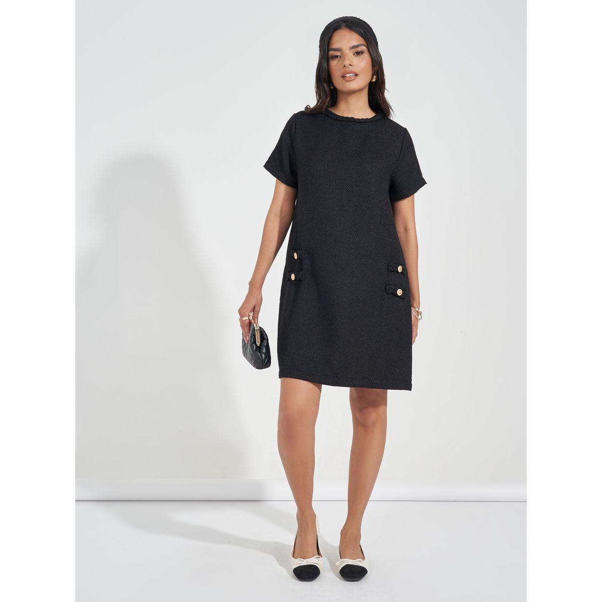 Styli Tweed Braid Detail Short Sleeves Sweater Mini Dress-women-clothing-dresses-image-1
