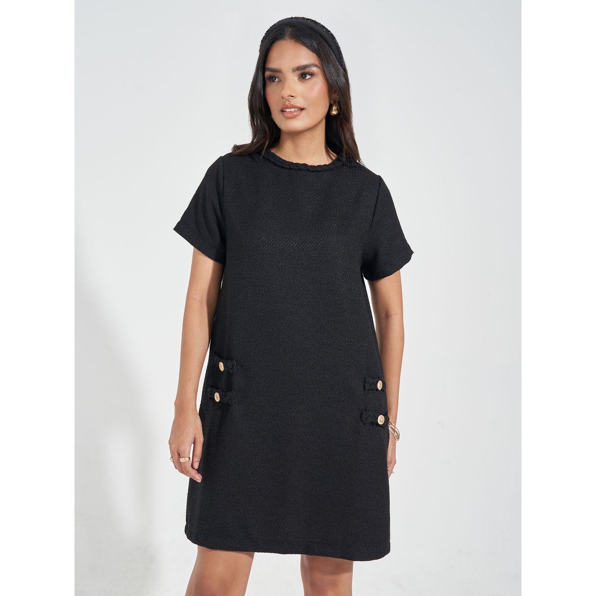 Styli Tweed Braid Detail Short Sleeves Sweater Mini Dress-women-clothing-dresses-image-2