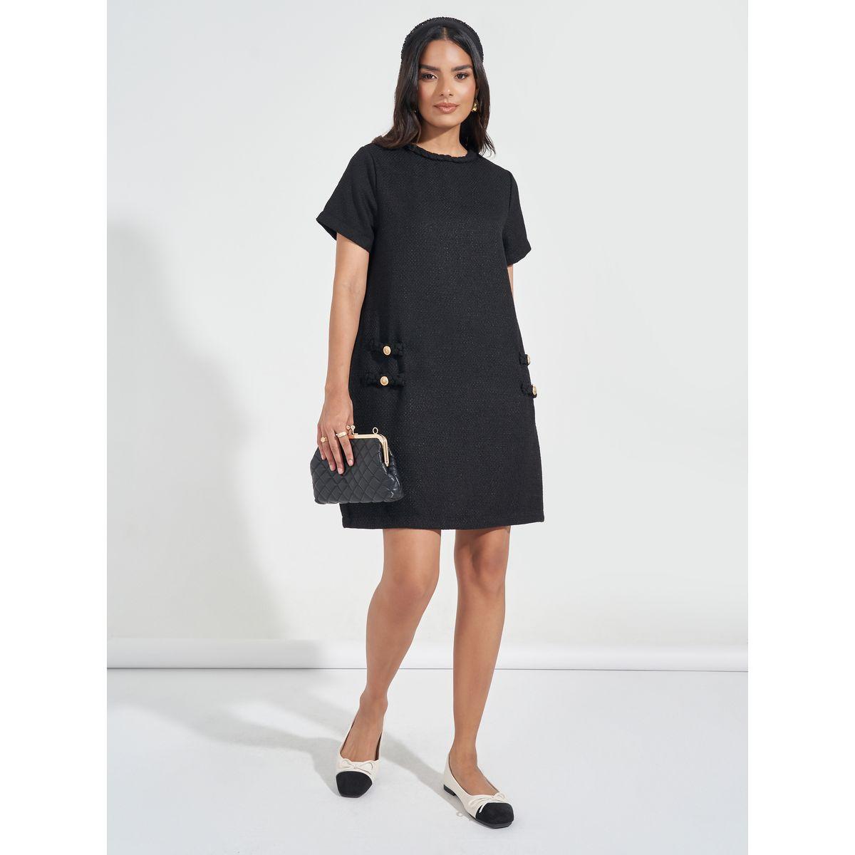 Styli Tweed Braid Detail Short Sleeves Sweater Mini Dress-women-clothing-dresses-image-4