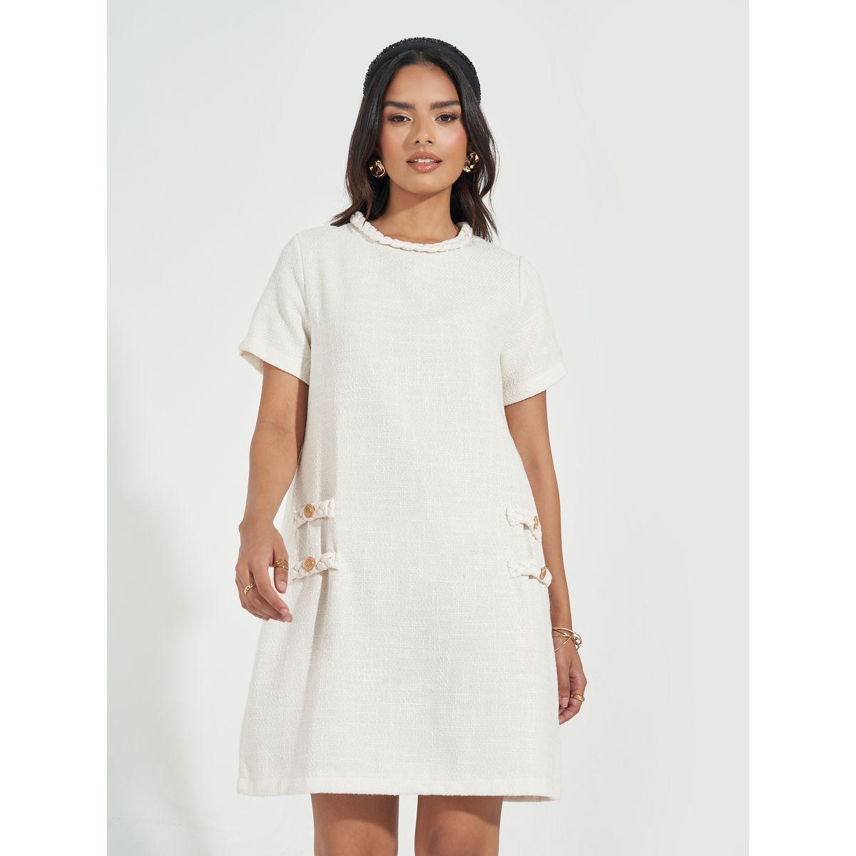 Styli Tweed Braid Detail Short Sleeves Sweater Mini Dress-women-clothing-dresses-image-2