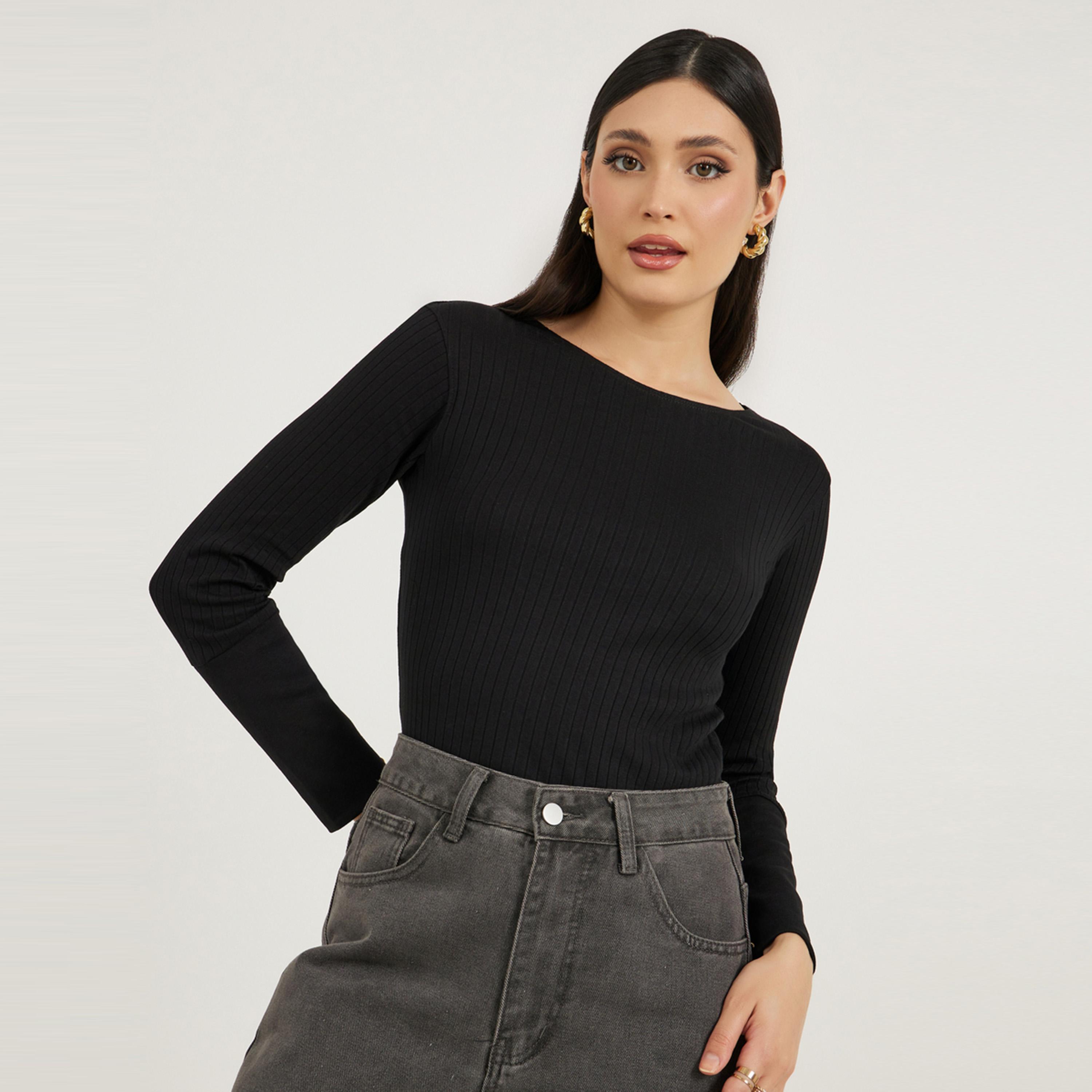 Styli Rib Knit Cuffed Sleeve Top with Button Detail-women-clothing-shirtsandblouses-blouses-image-1