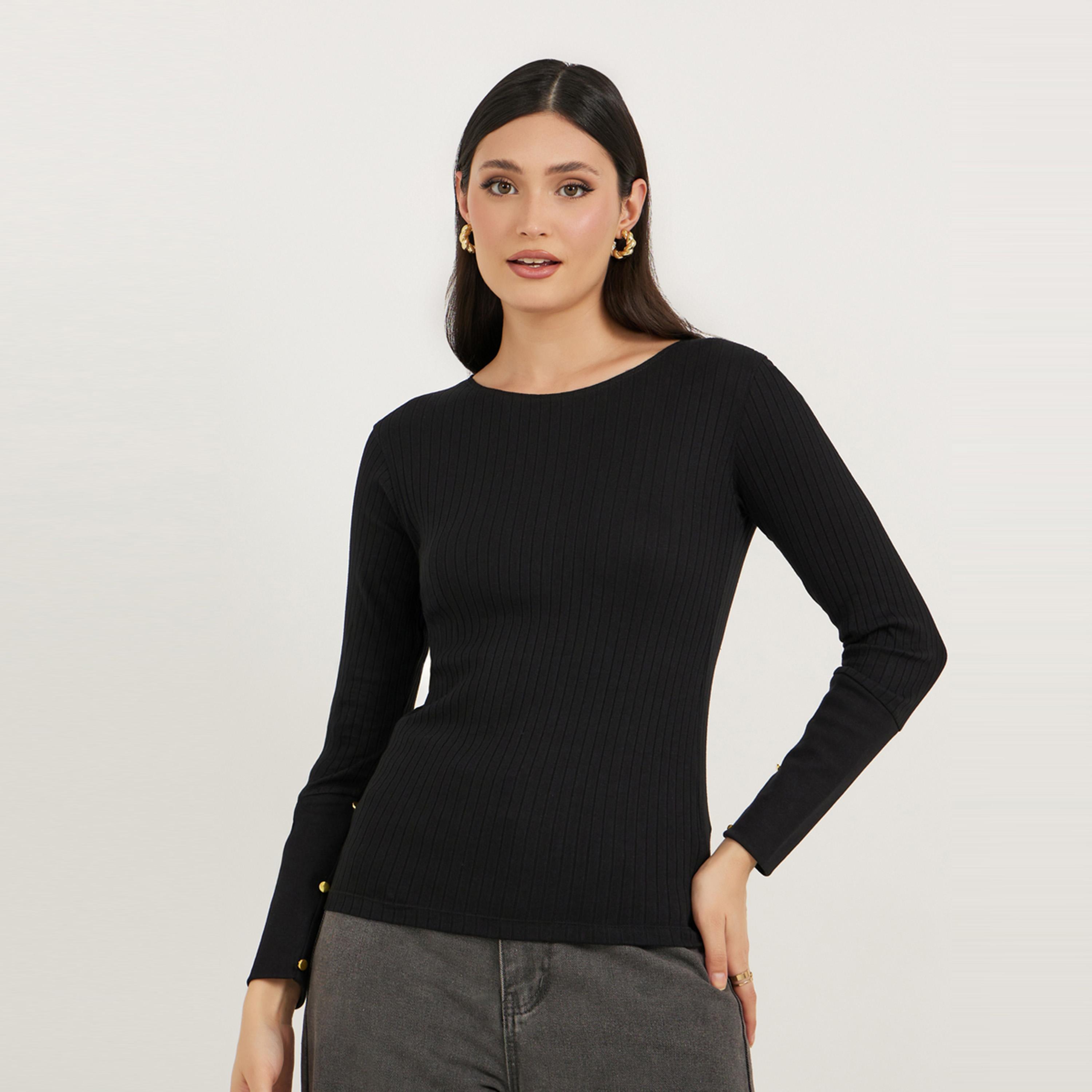 ستايلي - بلوزة مضلعة بأكمام مطوية وتفاصيل أزرار-women-clothing-shirtsandblouses-blouses-image-3