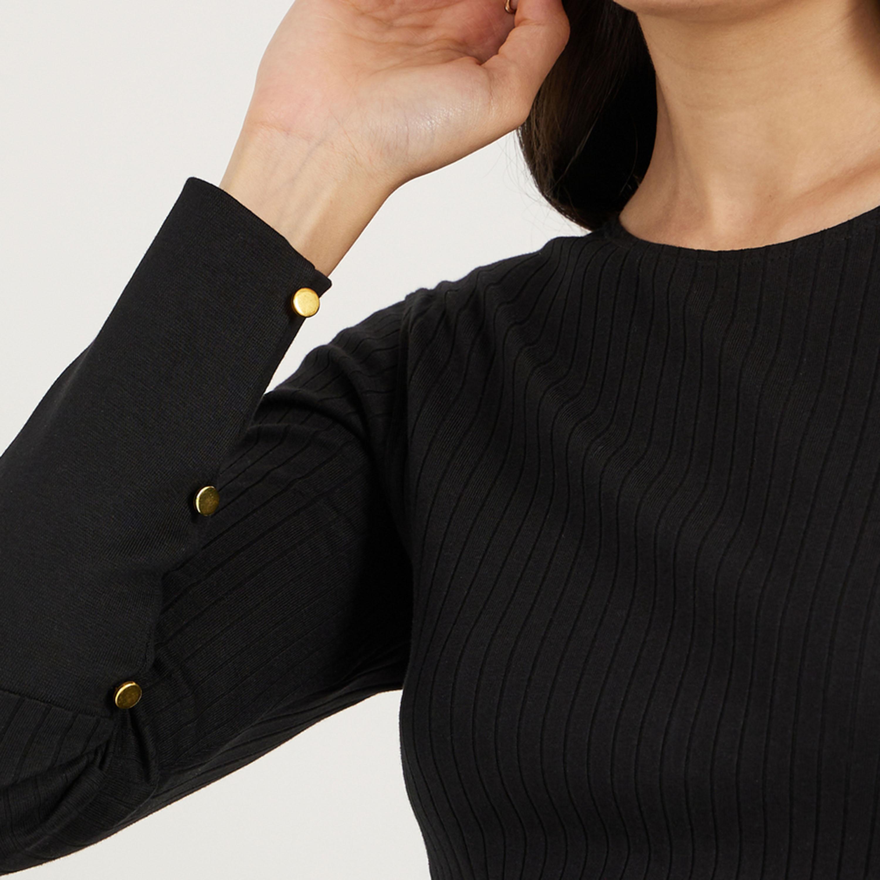 Styli Rib Knit Cuffed Sleeve Top with Button Detail-women-clothing-shirtsandblouses-blouses-image-4
