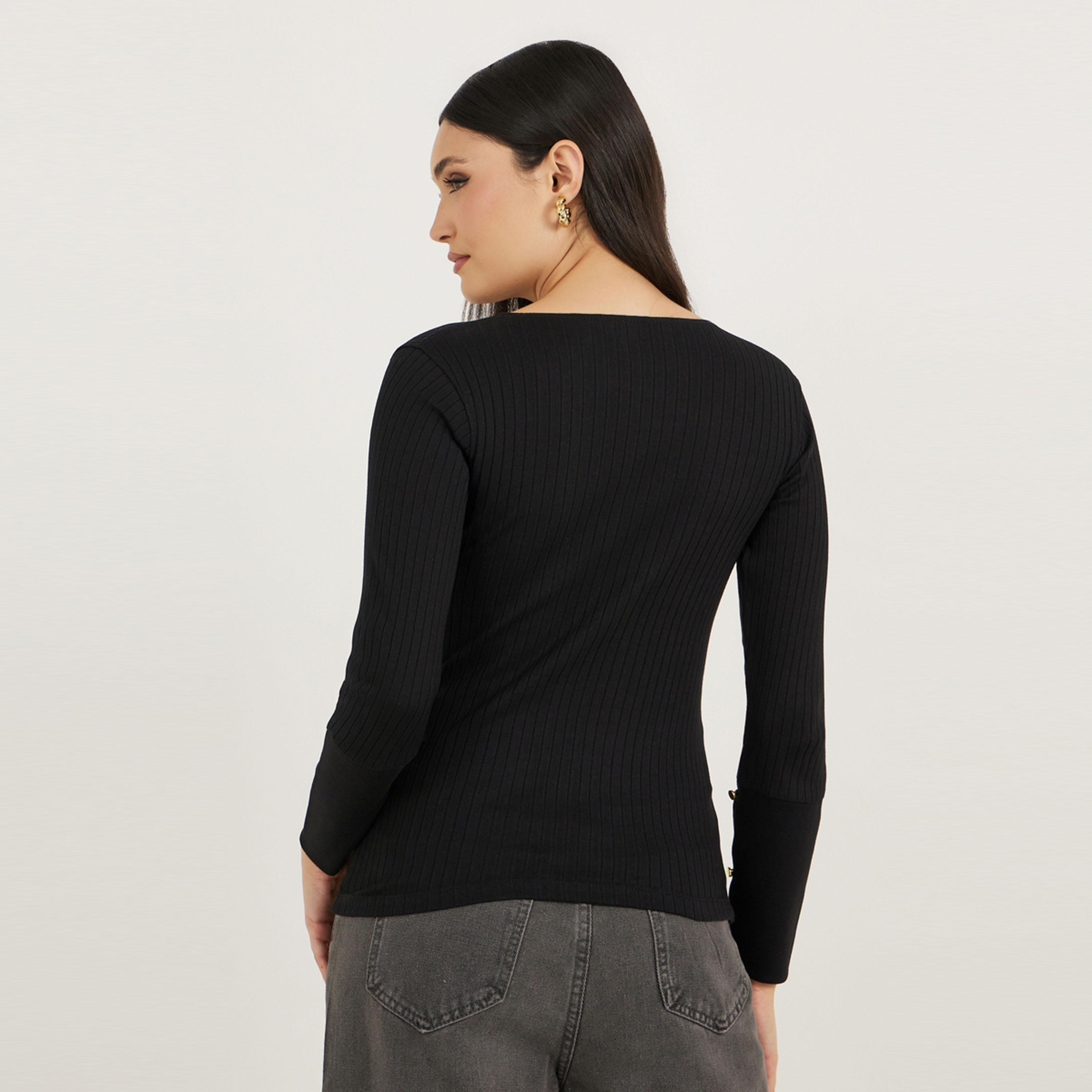 Styli Rib Knit Cuffed Sleeve Top with Button Detail-women-clothing-shirtsandblouses-blouses-image-5