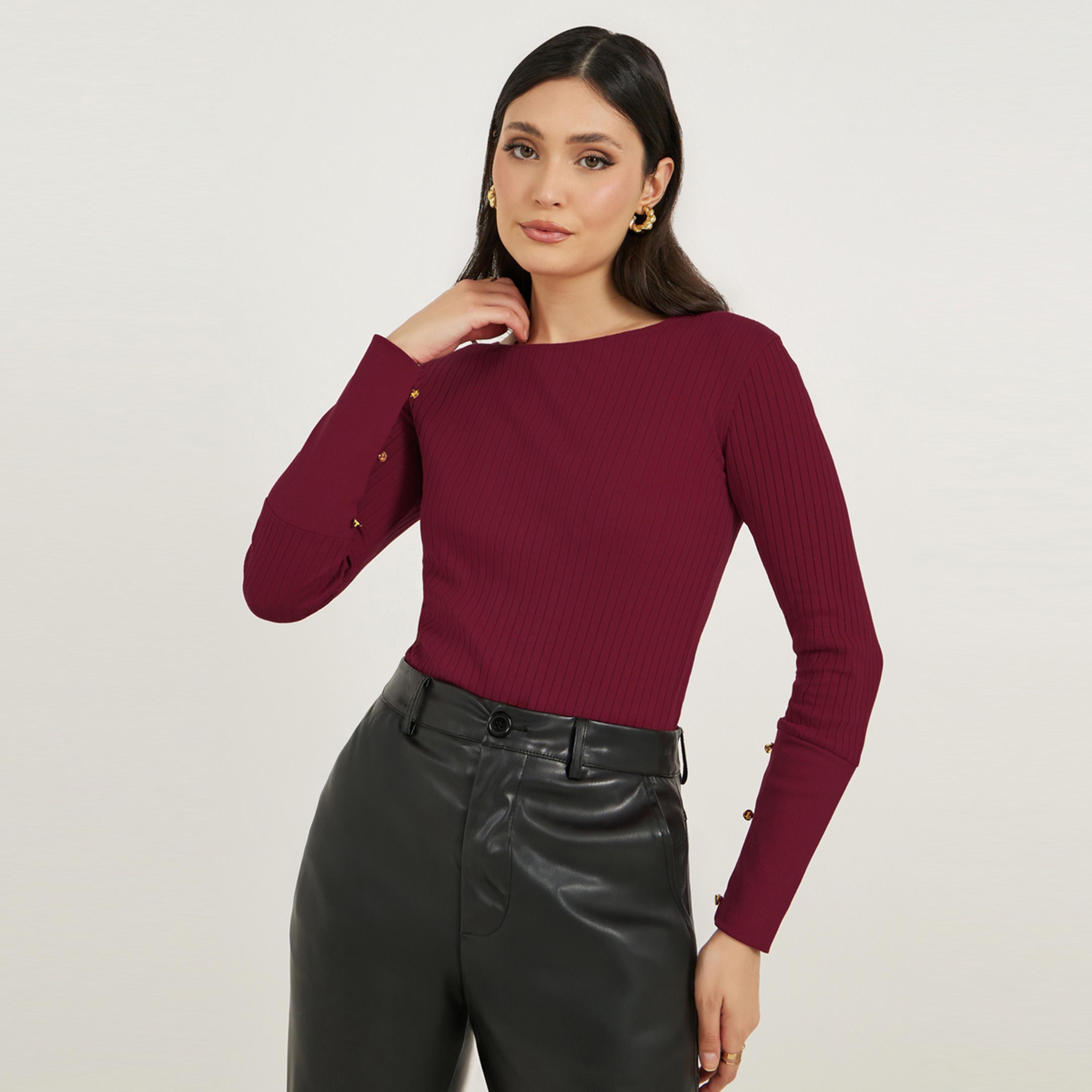Styli Rib Knit Cuffed Sleeve Top with Button Detail-women-clothing-tshirts-image-1