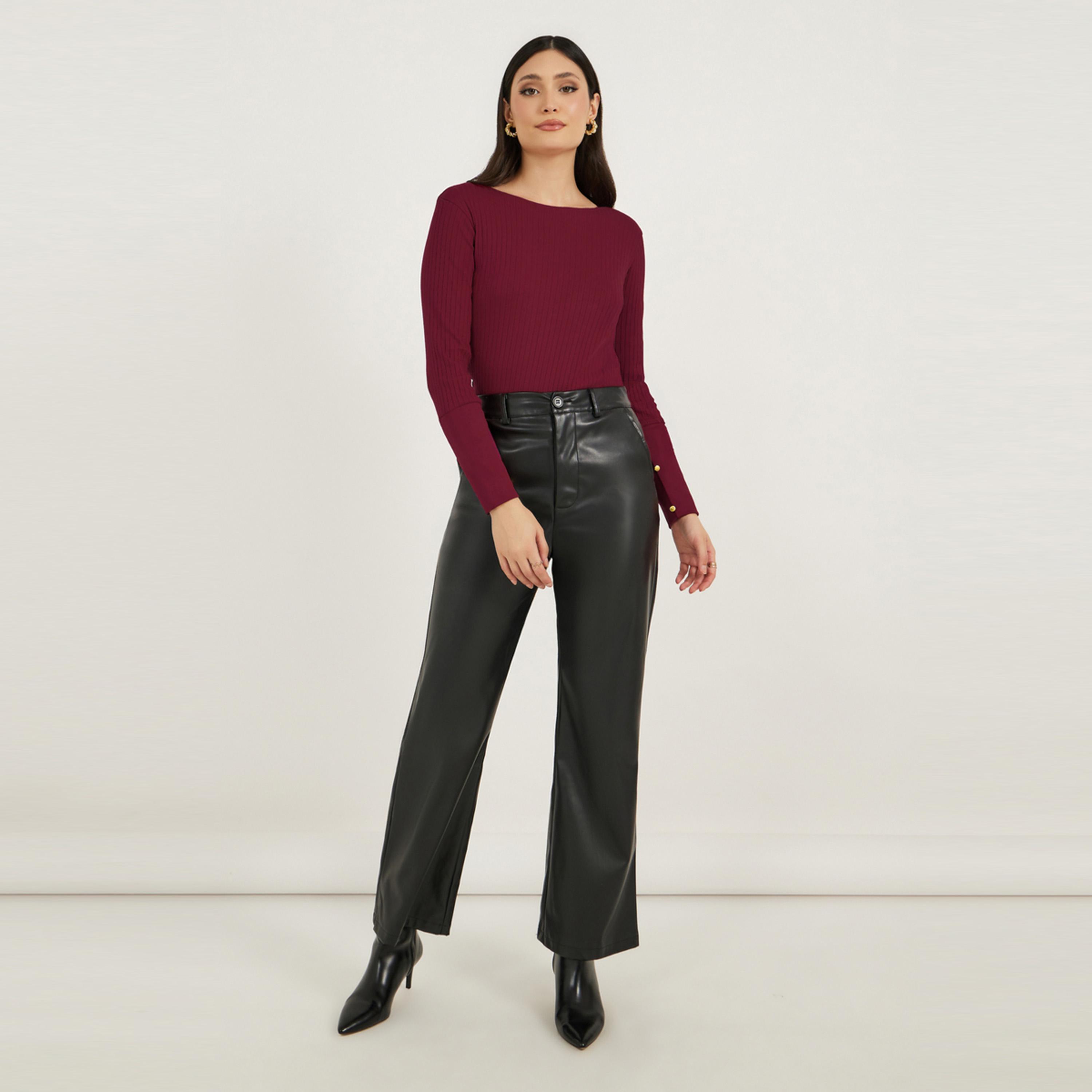 ستايلي - بلوزة مضلعة بأكمام مطوية وتفاصيل أزرار-women-clothing-tshirts-image-2