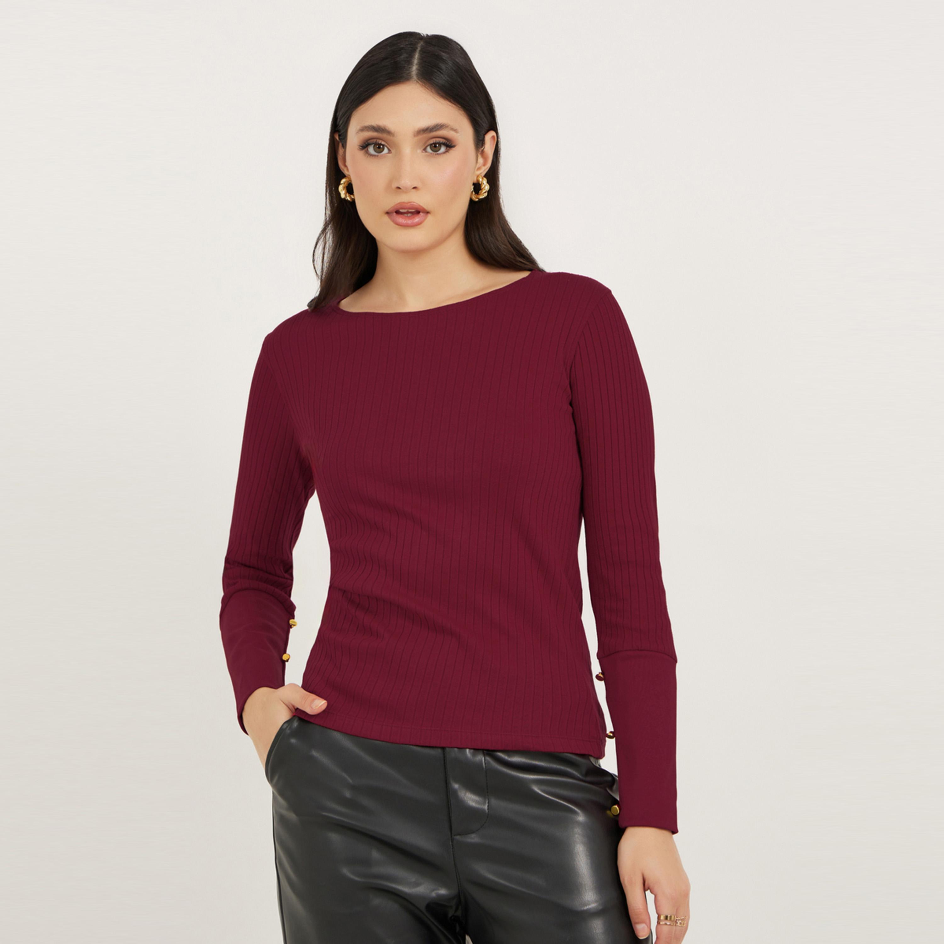 Styli Rib Knit Cuffed Sleeve Top with Button Detail-women-clothing-tshirts-image-3