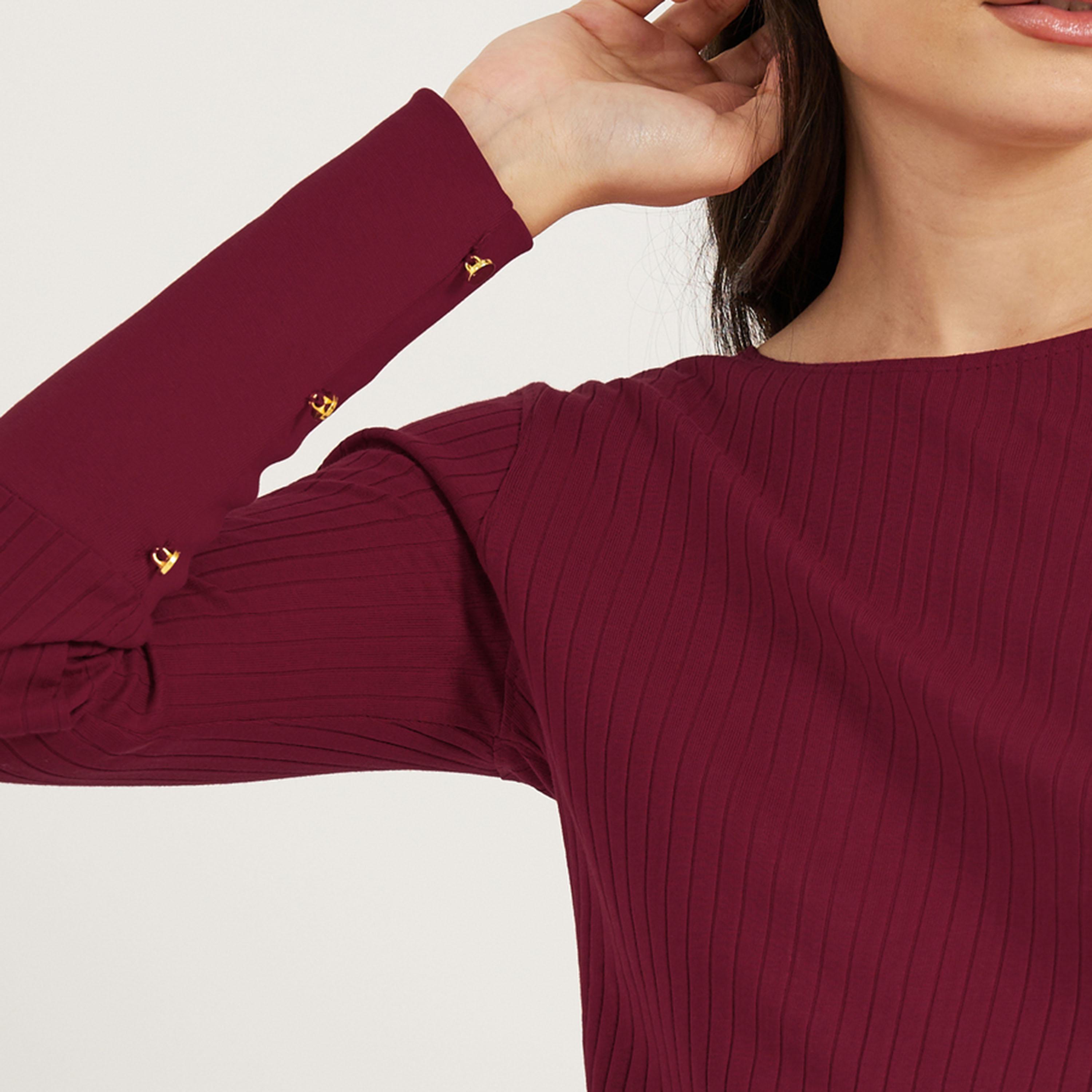 ستايلي - بلوزة مضلعة بأكمام مطوية وتفاصيل أزرار-women-clothing-tshirts-image-4