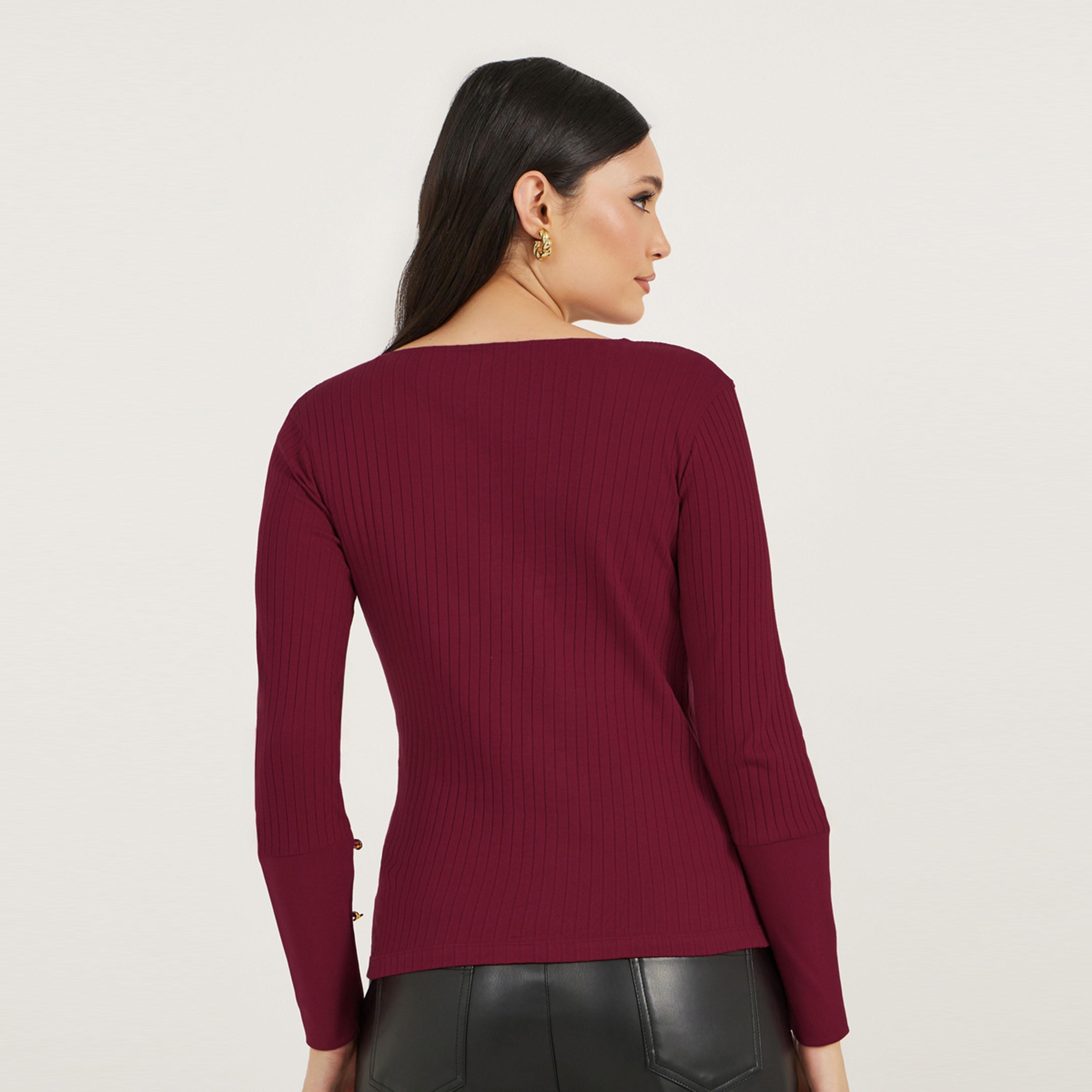 ستايلي - بلوزة مضلعة بأكمام مطوية وتفاصيل أزرار-women-clothing-tshirts-image-5