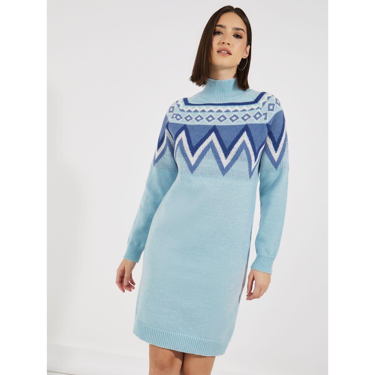 Styli Printed Panel Sweater Knee Length Dress-women-clothing-dresses-image-1