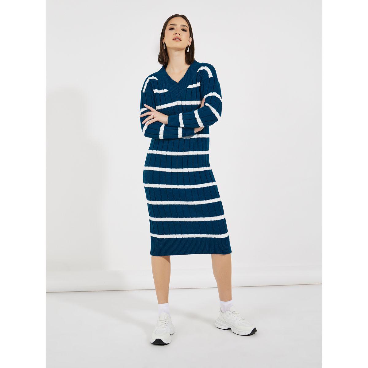 فستان ميدي مخطط بتفاصيل محبوكة-women-clothing-dresses-image-1