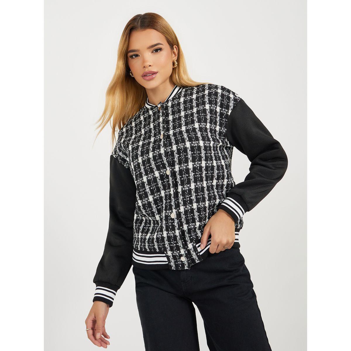 Styli Oversized Fit Regular Length Tweed Bomber Jacket-women-winterwear-coatsandjackets-jackets-image-1