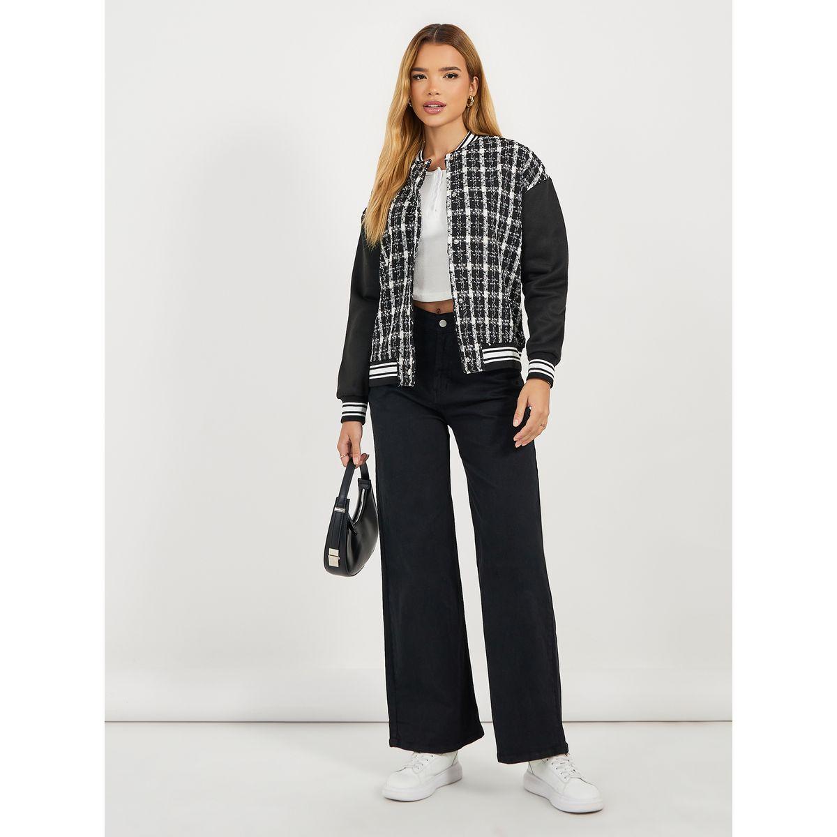Styli Oversized Fit Regular Length Tweed Bomber Jacket-women-winterwear-coatsandjackets-jackets-image-2