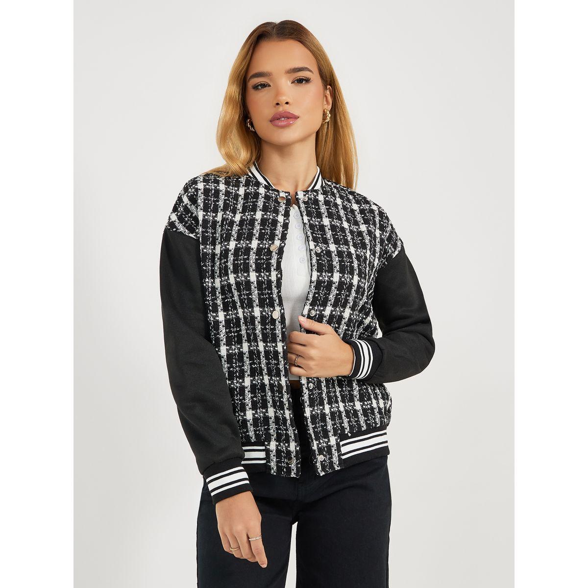 Styli Oversized Fit Regular Length Tweed Bomber Jacket-women-winterwear-coatsandjackets-jackets-image-3