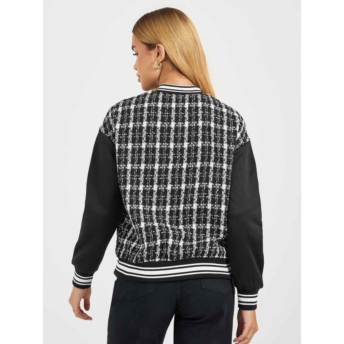 Styli Oversized Fit Regular Length Tweed Bomber Jacket-women-winterwear-coatsandjackets-jackets-image-5