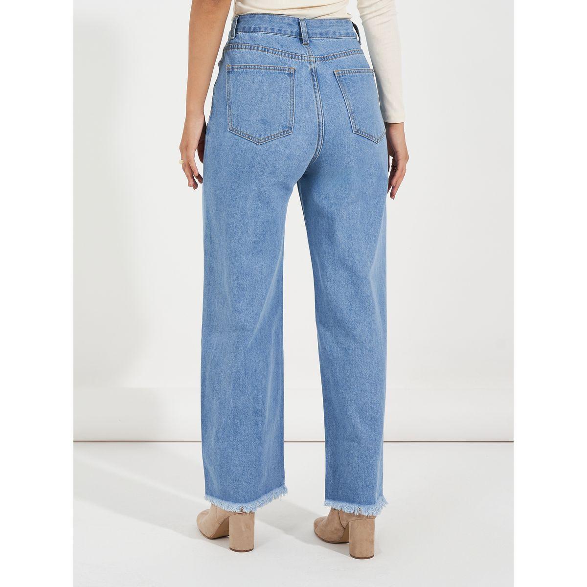 جينز بأرجل واسعة وحواف ممزقة مع تفاصيل خياطة-women-clothing-bottoms-jeans-image-4