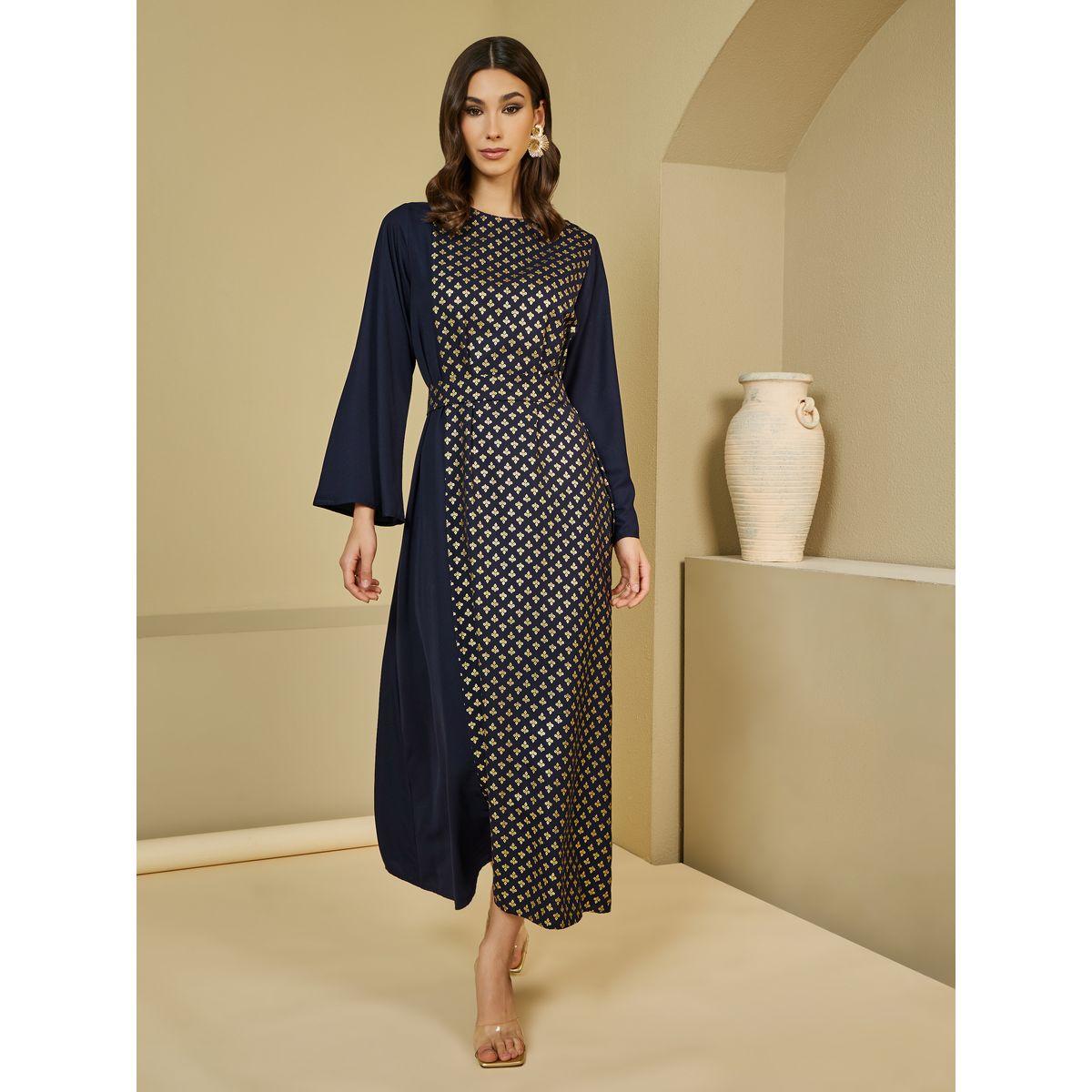 جلابية بطبعة فويل على شكل حرف A مع تفاصيل حزام الخصر-women-arabicclothing-jalabiyas-image-1