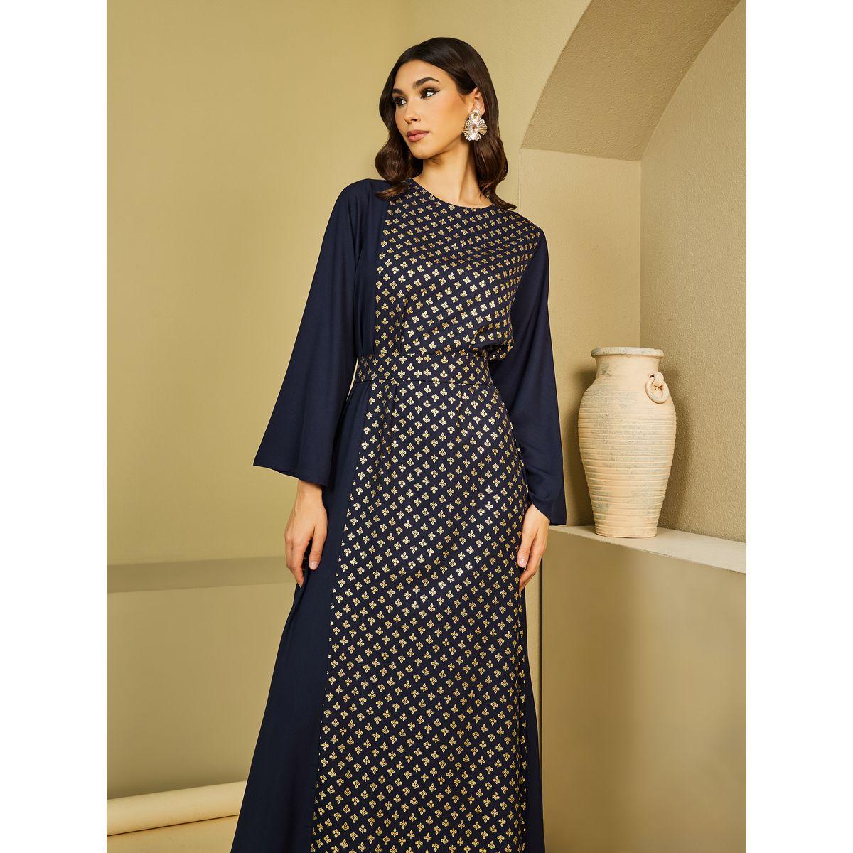 Foil Print A-Line Jalabiya with Waist Belt Detail-women-arabicclothing-jalabiyas-image-2