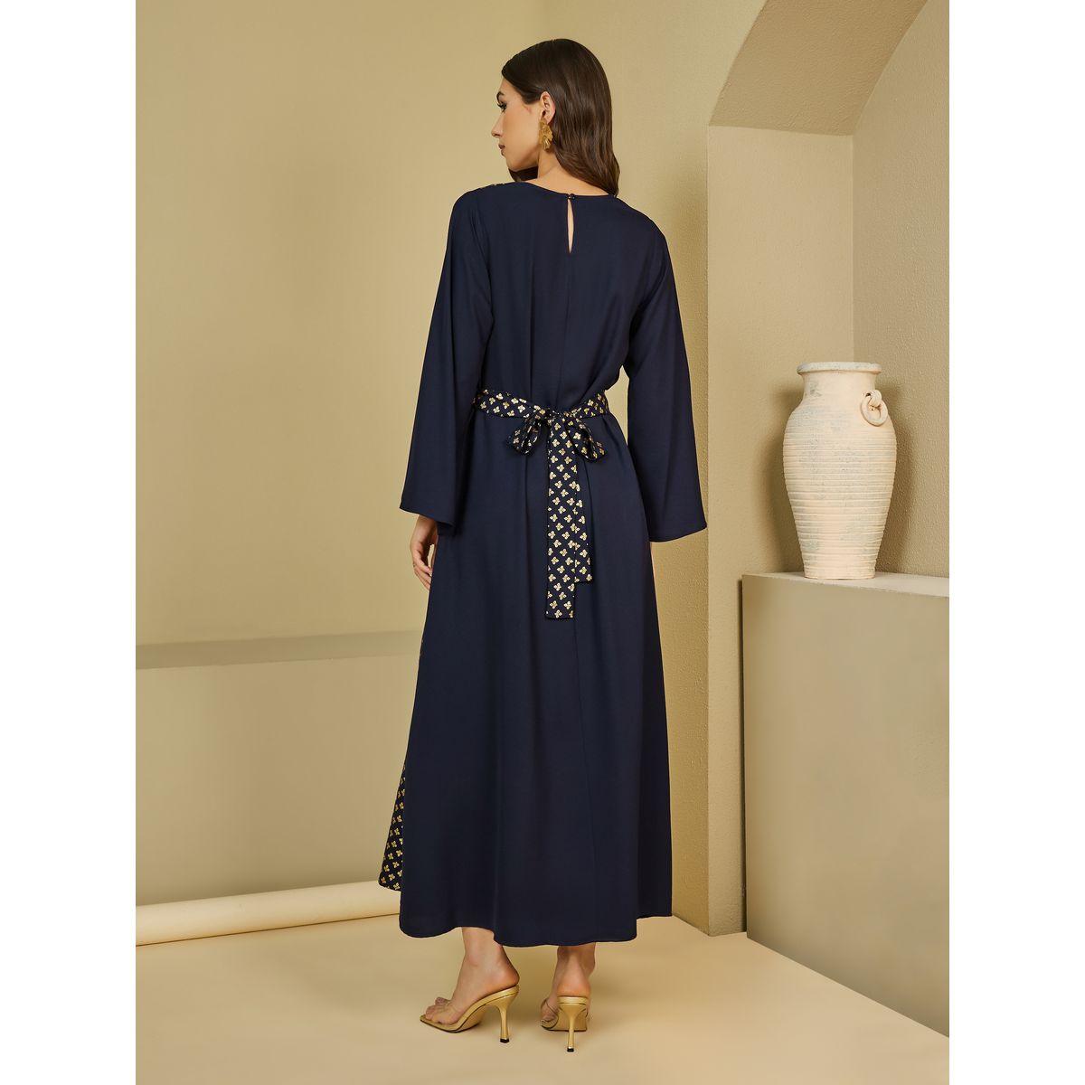 Foil Print A-Line Jalabiya with Waist Belt Detail-women-arabicclothing-jalabiyas-image-4