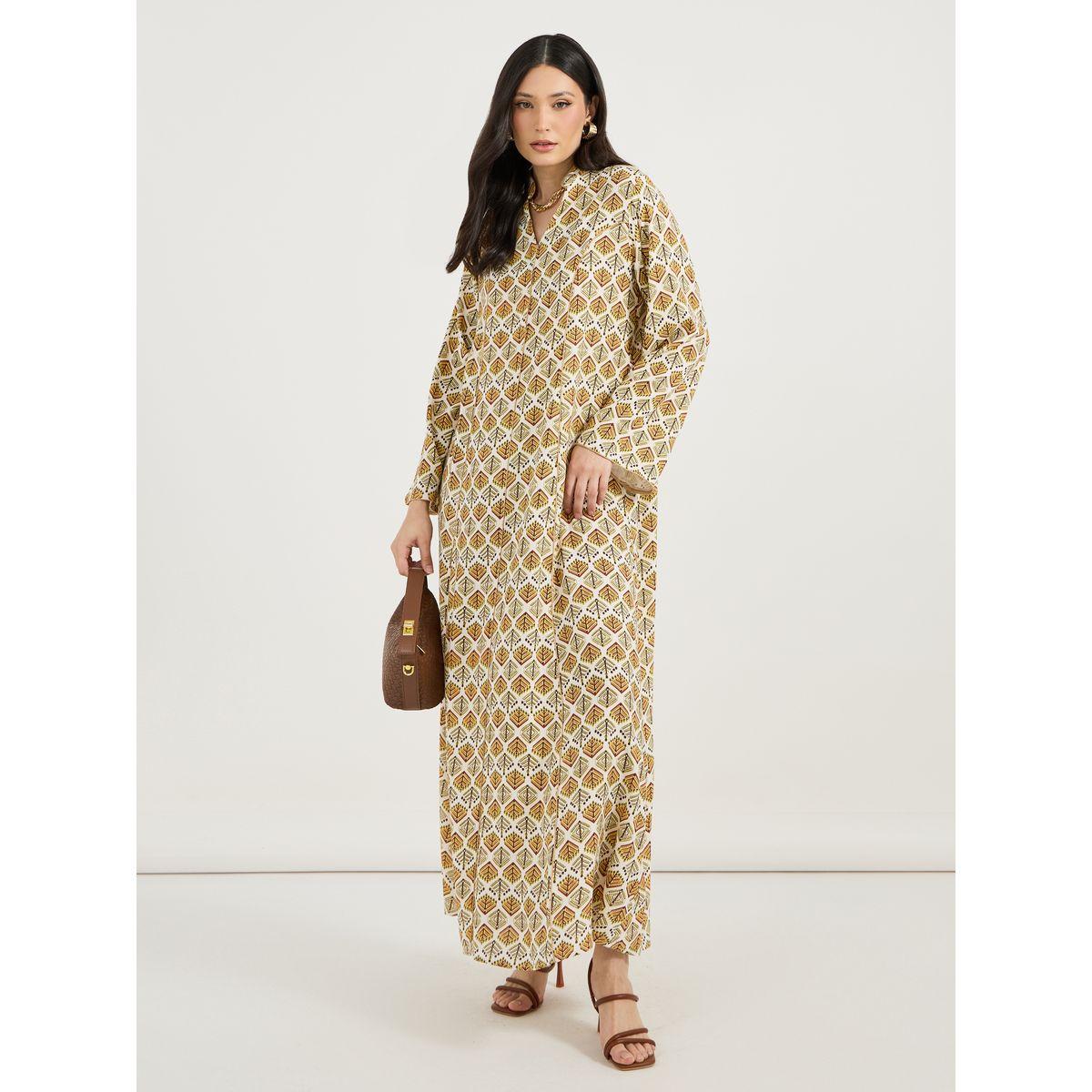 All-Over Print Collared Jalabiya with Contrast Piping Detail-women-arabicclothing-jalabiyas-image-1