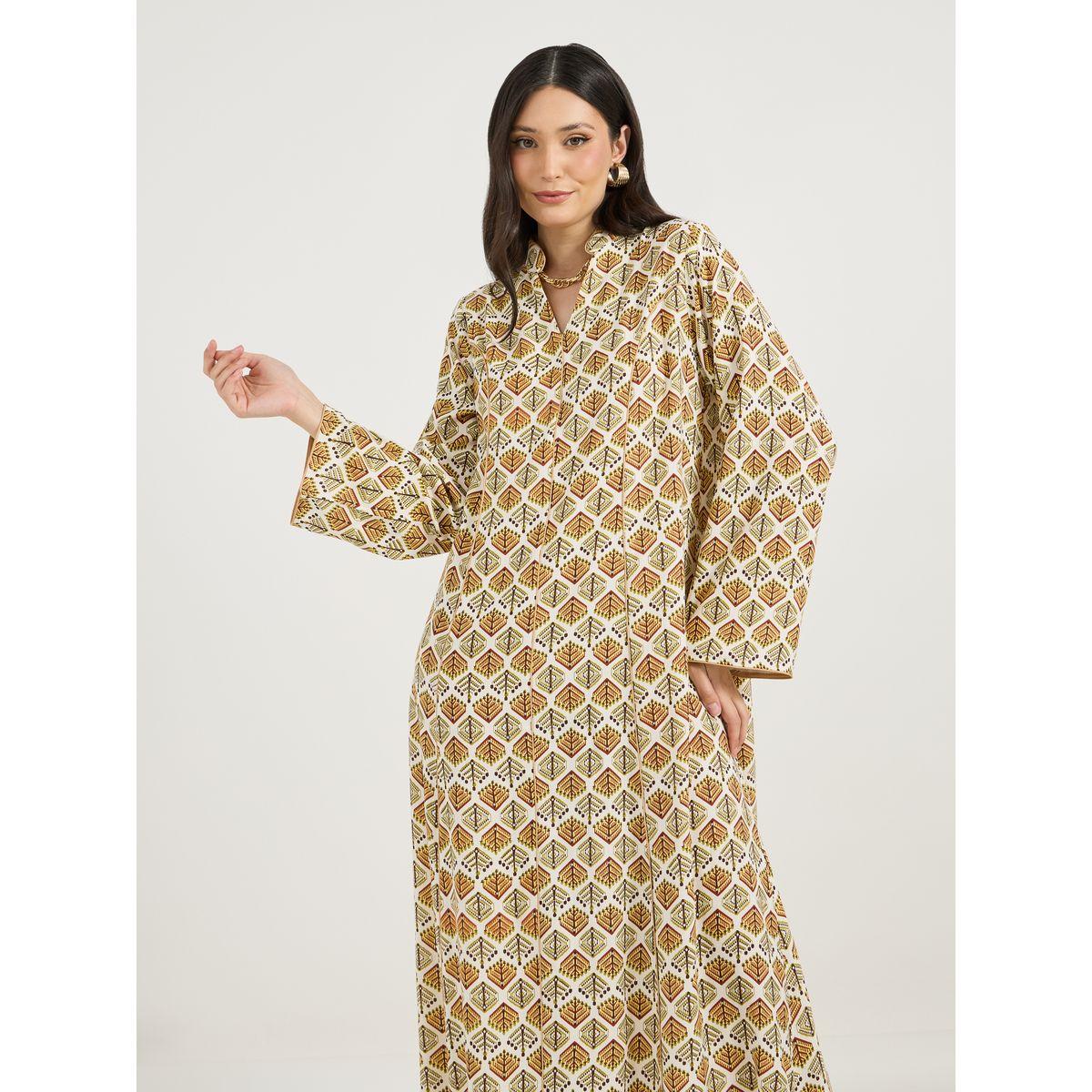 All-Over Print Collared Jalabiya with Contrast Piping Detail-women-arabicclothing-jalabiyas-image-4