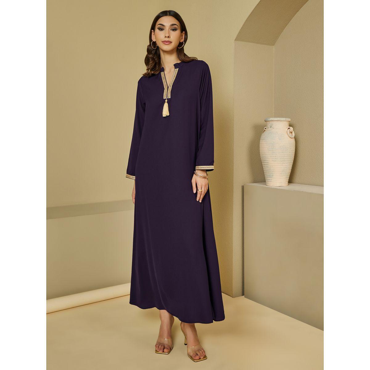 Lace Insert V-Neck Jalabiya with Tassel Detail-women-arabicclothing-jalabiyas-image-1