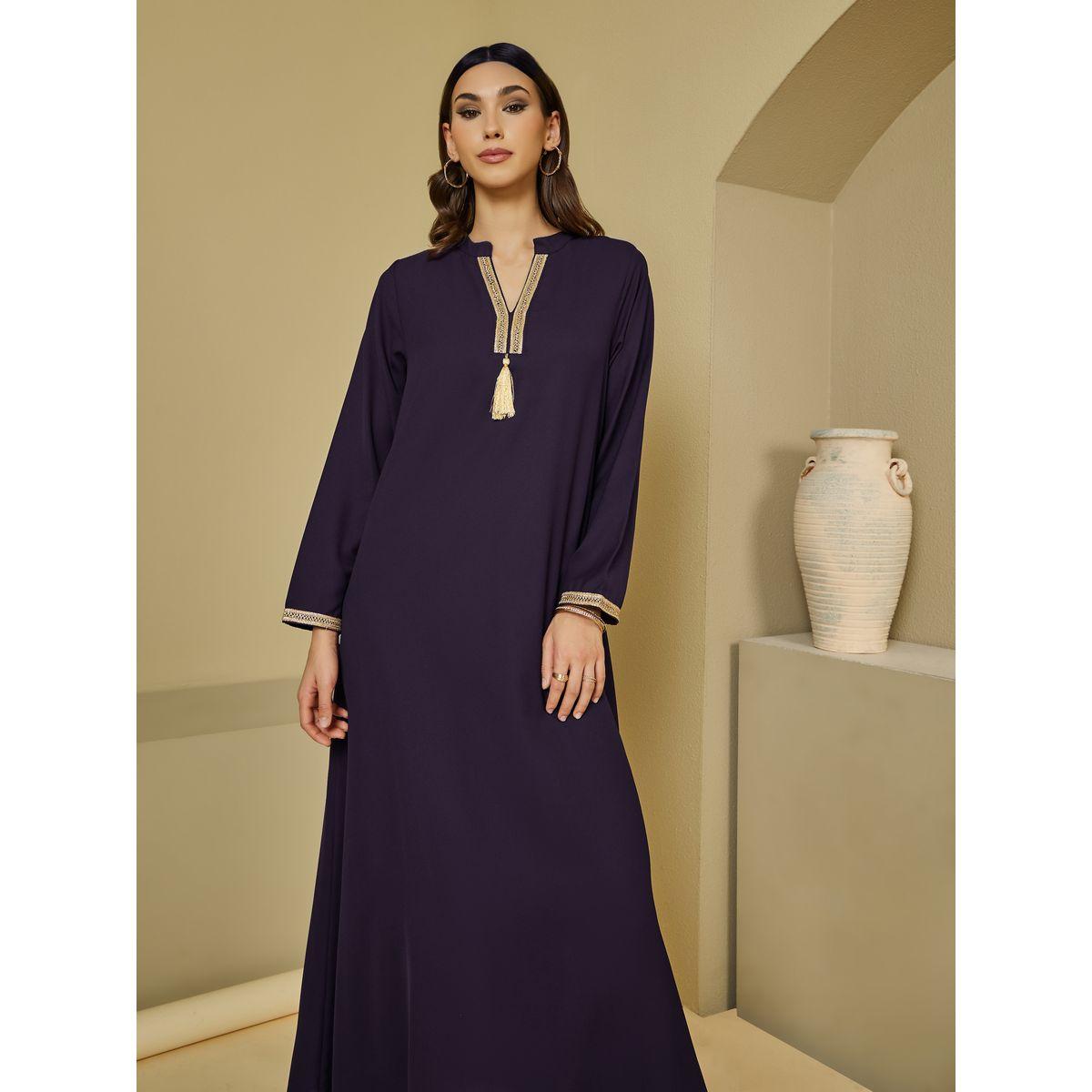 Lace Insert V-Neck Jalabiya with Tassel Detail-women-arabicclothing-jalabiyas-image-2