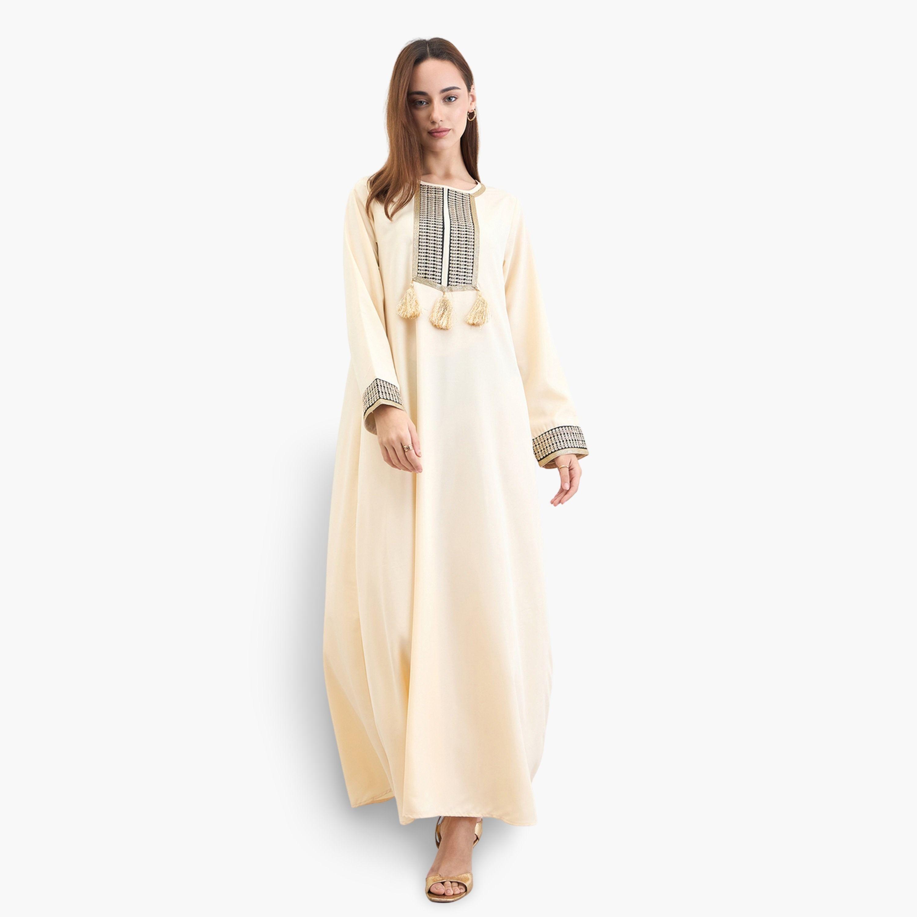 Styli Women Cream Embroidered Tasselled Jalabiya-women-arabicclothing-jalabiyas-image-1