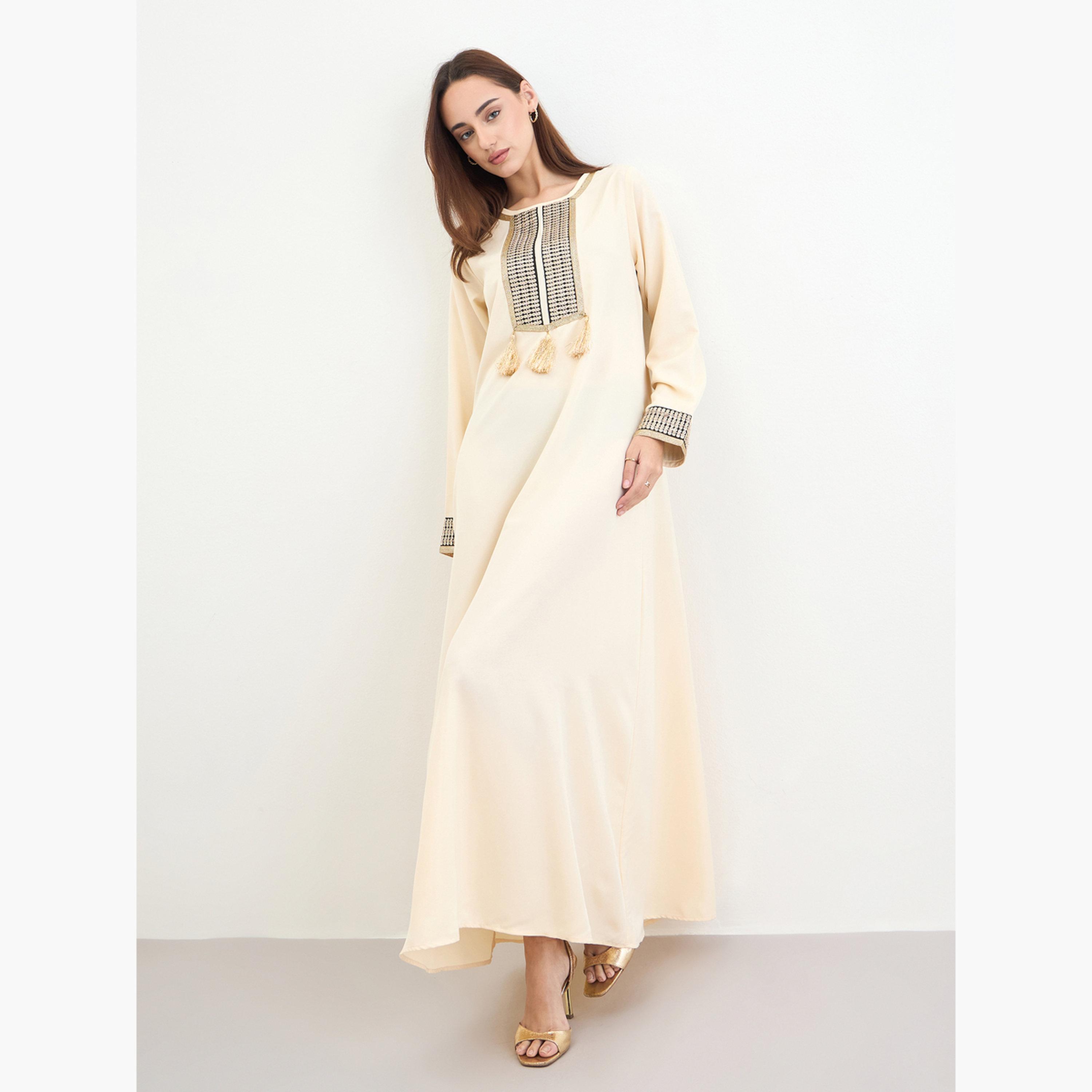 Styli Women Cream Embroidered Tasselled Jalabiya-women-arabicclothing-jalabiyas-image-2