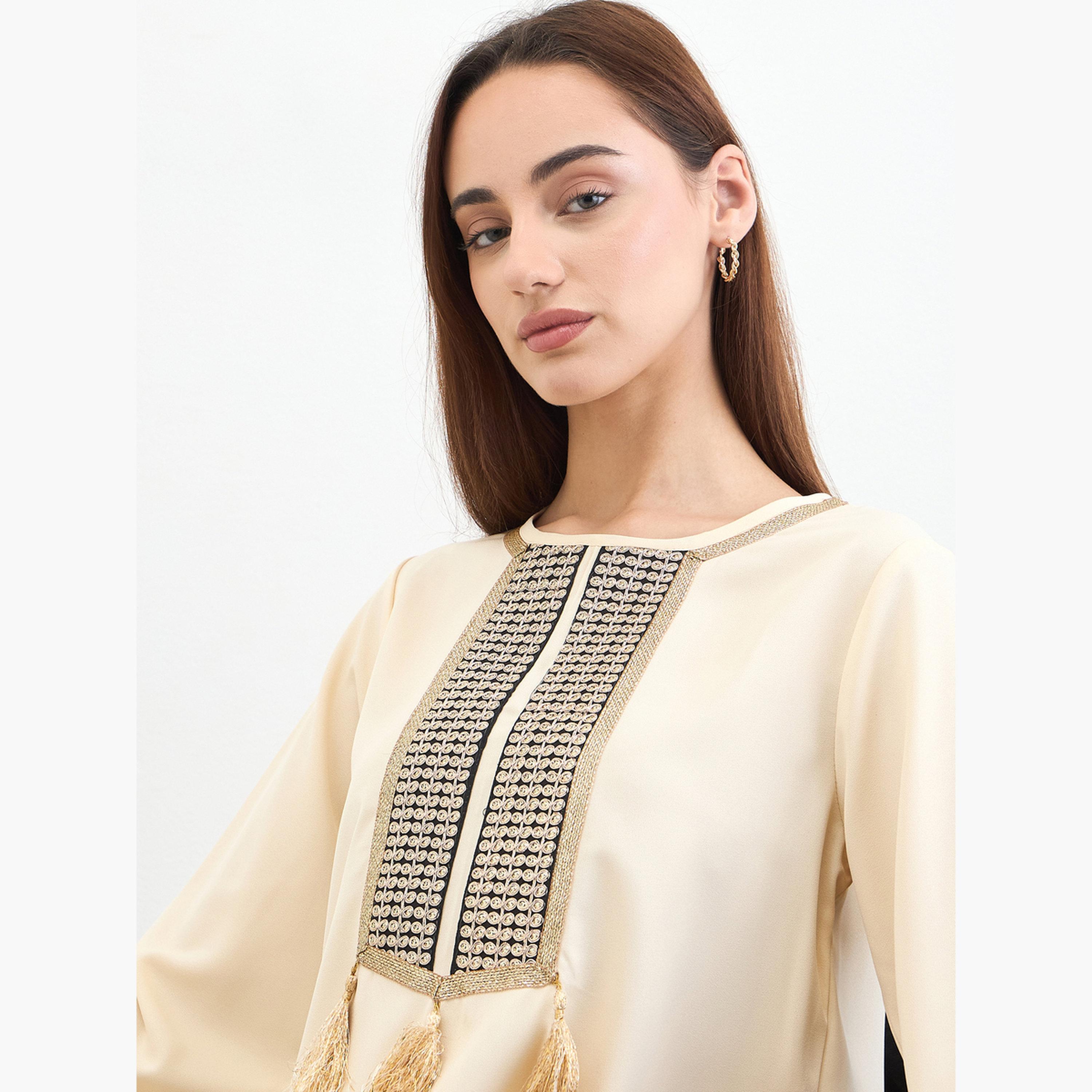 Styli Women Cream Embroidered Tasselled Jalabiya-women-arabicclothing-jalabiyas-image-4