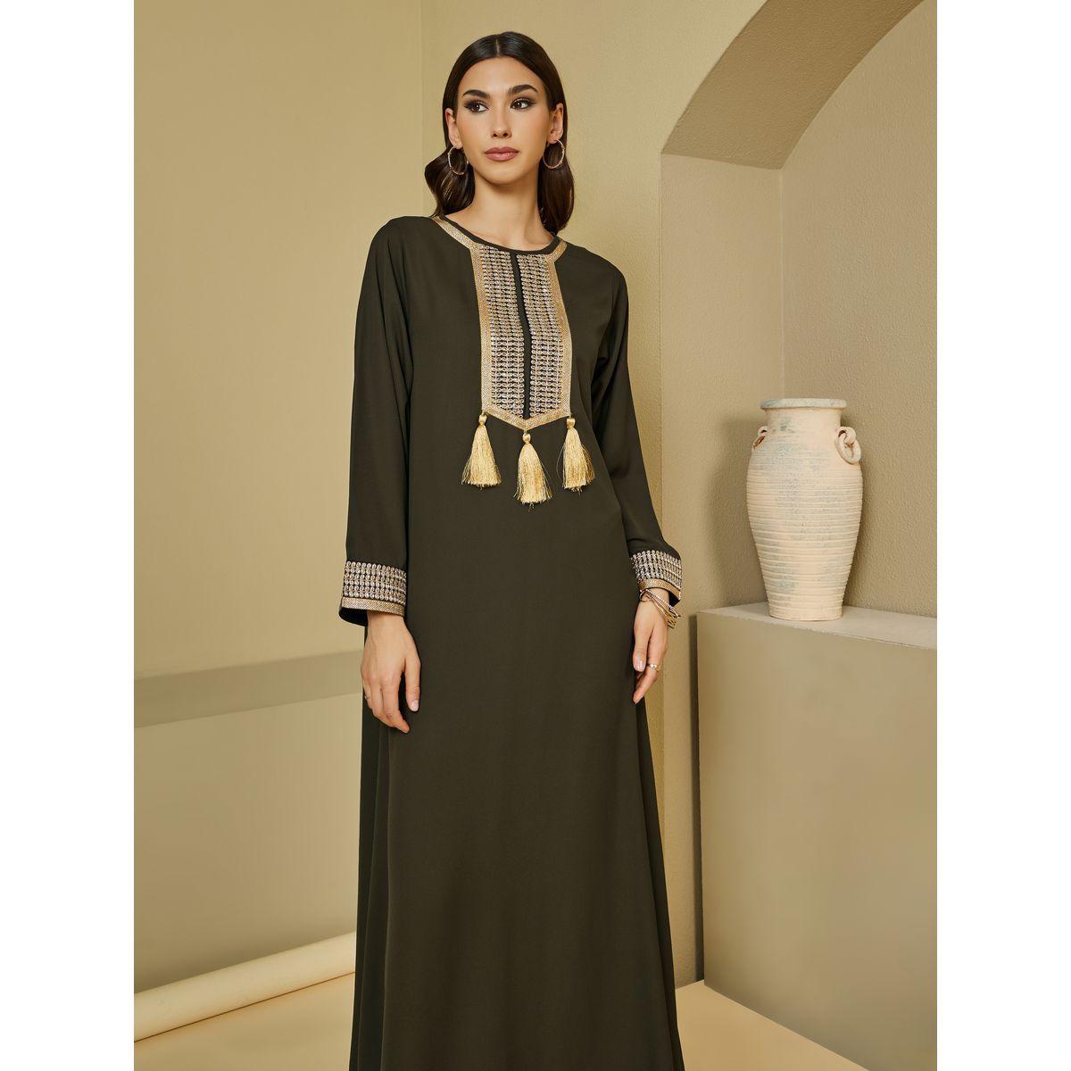 Lace Insert Round Neck Jalabiya with Tassel Detail-women-arabicclothing-jalabiyas-image-2