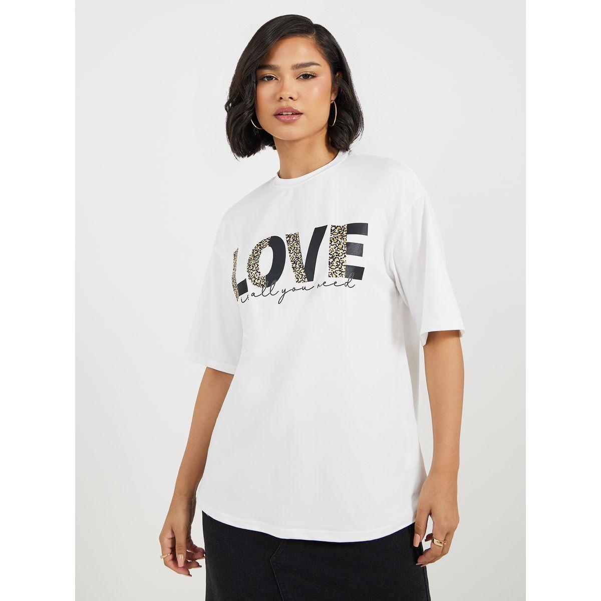 تيشيرت فضفاض بياقة دائرية وطبعة كتابة-women-clothing-tshirts-image-1