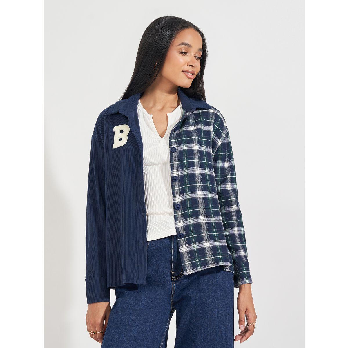 Styli Elevate Checkered Corduroy Panel Shirt with Buttons-women-clothing-shirtsandblouses-shirts-image-1
