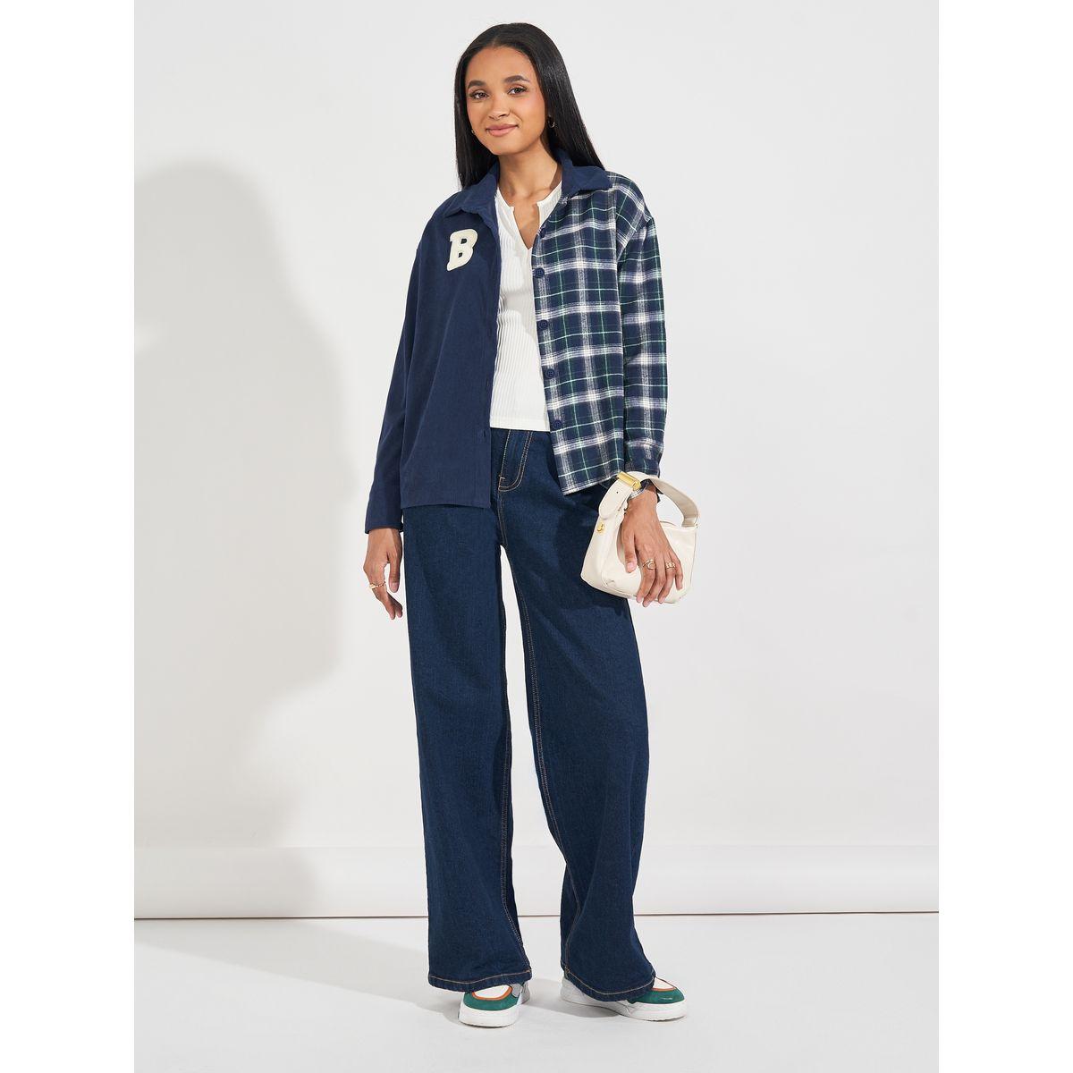 Styli Elevate Checkered Corduroy Panel Shirt with Buttons-women-clothing-shirtsandblouses-shirts-image-2