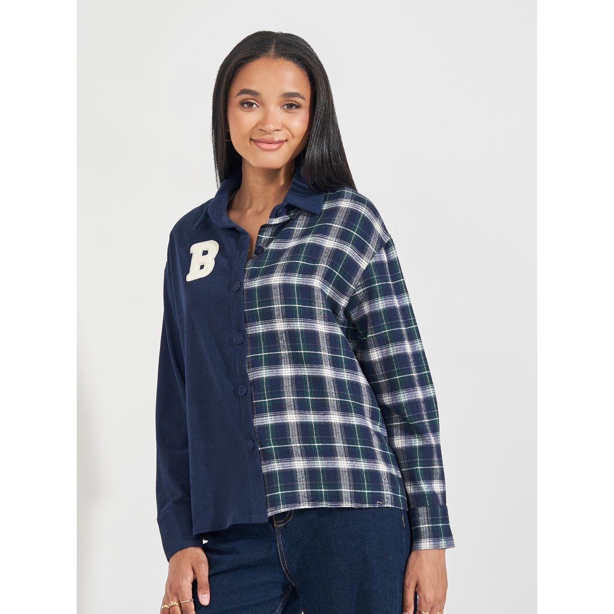 Styli Elevate Checkered Corduroy Panel Shirt with Buttons-women-clothing-shirtsandblouses-shirts-image-3