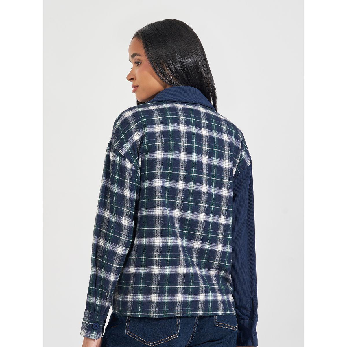Styli Elevate Checkered Corduroy Panel Shirt with Buttons-women-clothing-shirtsandblouses-shirts-image-5