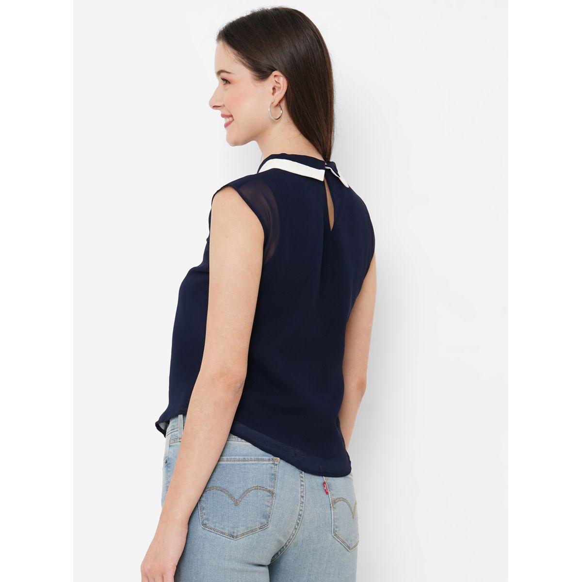 بلوزة بلا اكمام مع ياقة بتفاصيل مُتباينة ميش × ستايلي-women-clothing-shirtsandblouses-blouses-image-2