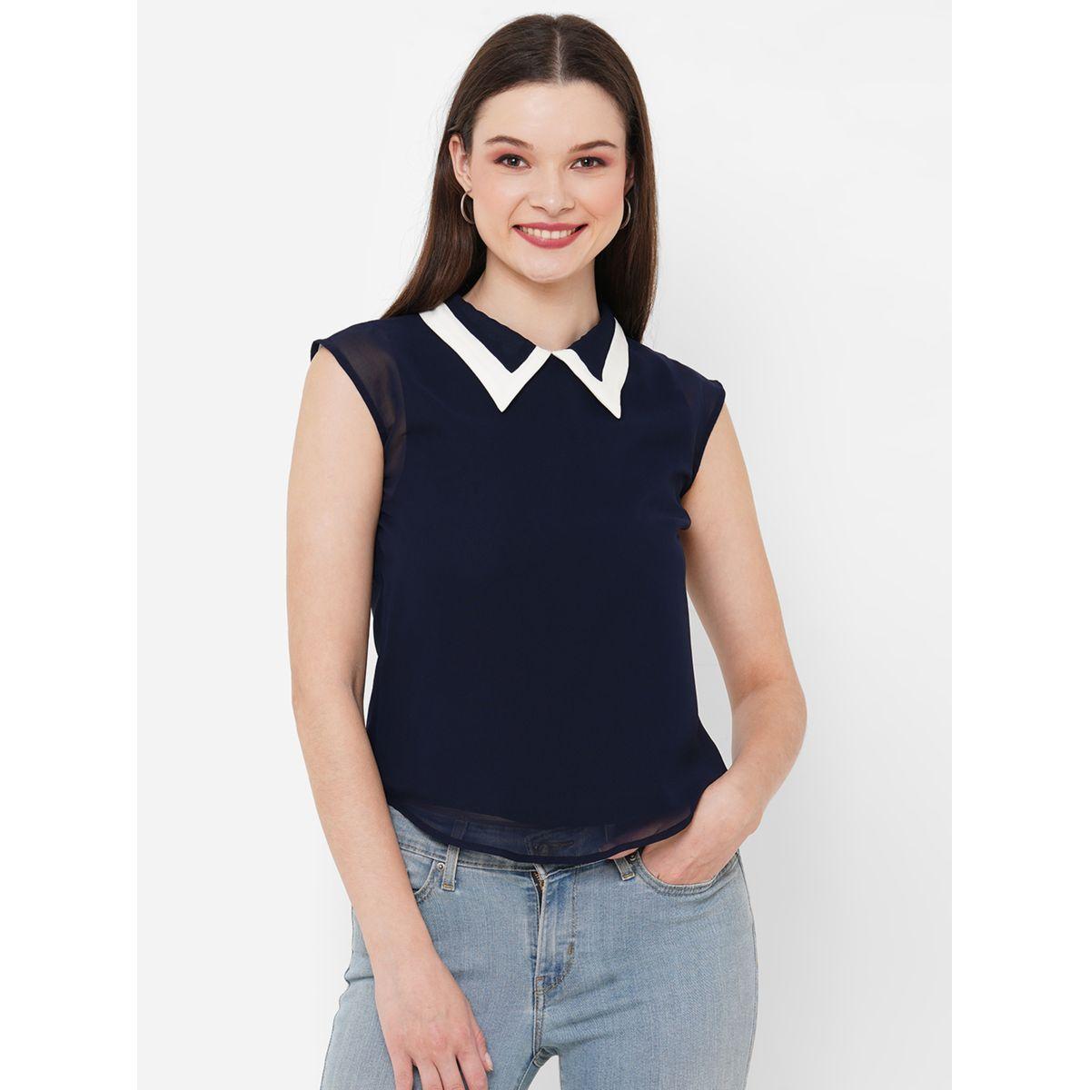 بلوزة بلا اكمام مع ياقة بتفاصيل مُتباينة ميش × ستايلي-women-clothing-shirtsandblouses-blouses-image-3